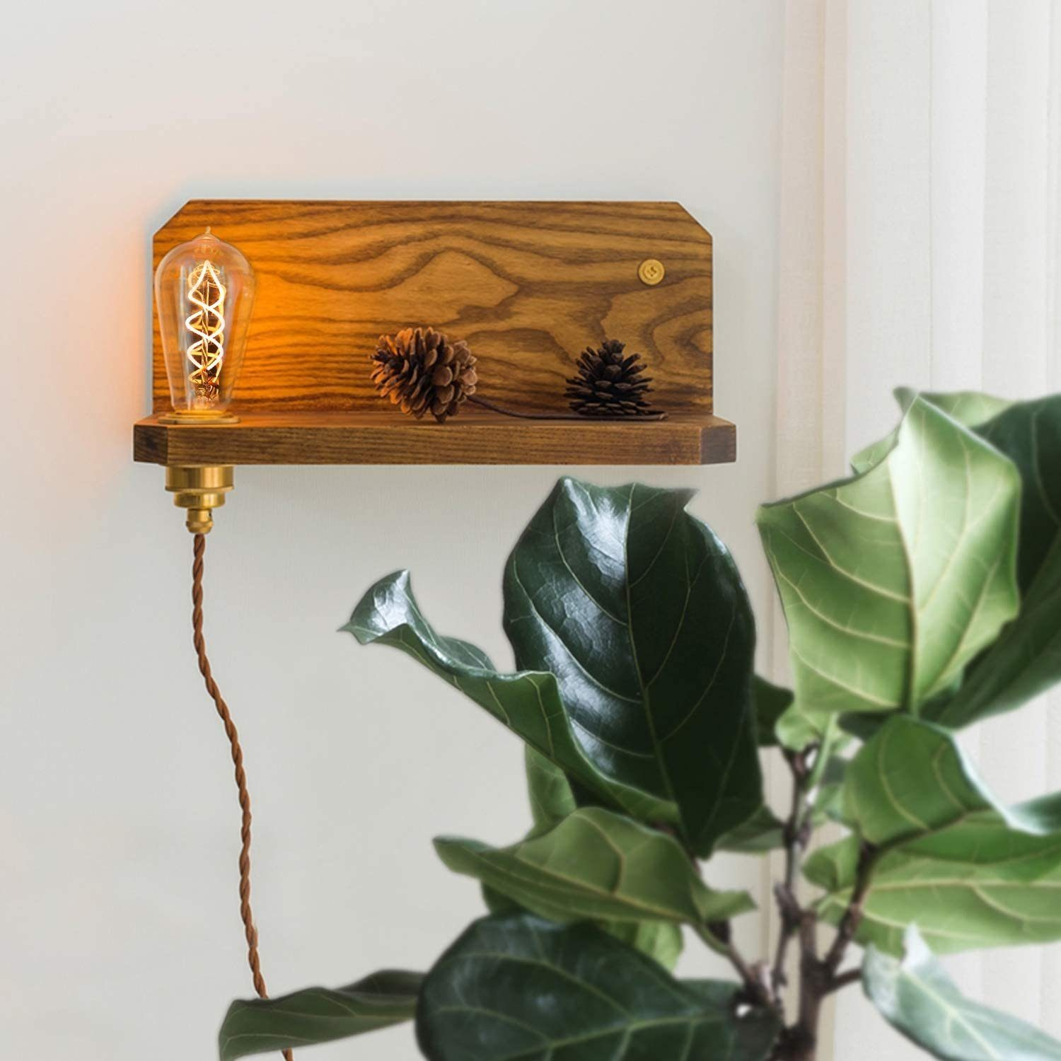 Drewniana półka z żarówką i szyszkami. Na pierwszym planie roślina z dużymi liśćmi.
