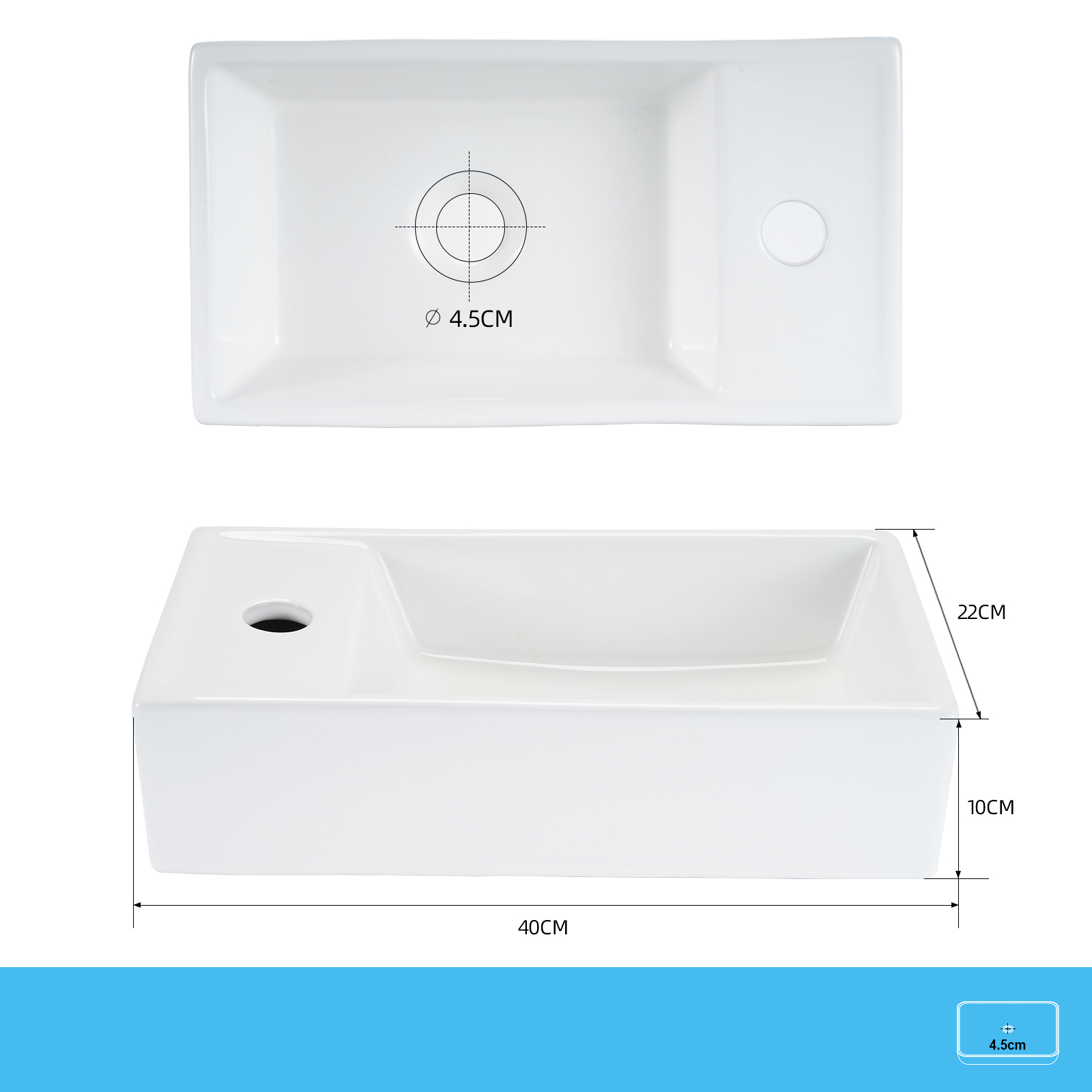 Biała prostokątna umywalka. Ma otwór odpływowy i otwór na kran. Wymiary: 40cm, 22cm, 10cm i 4,5cm.