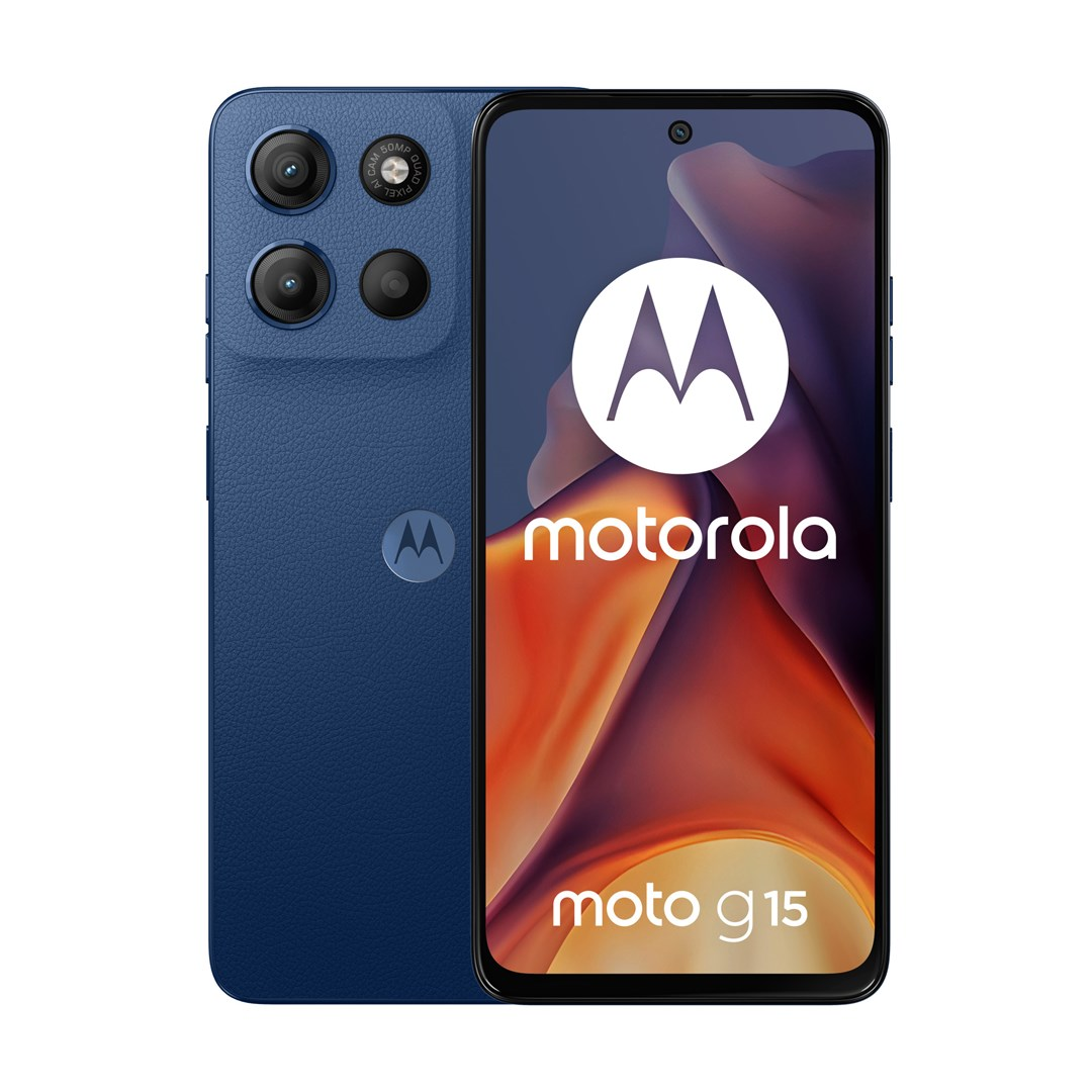 Niebieski telefon Motorola z wieloma aparatami. Ekran wyświetla logo Motorola i tekst Moto G15.