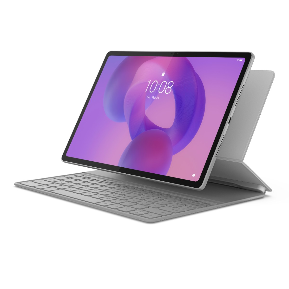 Un tablet con tastiera è aperto. Lo schermo mostra le 10:08 e un design viola. È grigio e bianco su sfondo bianco.