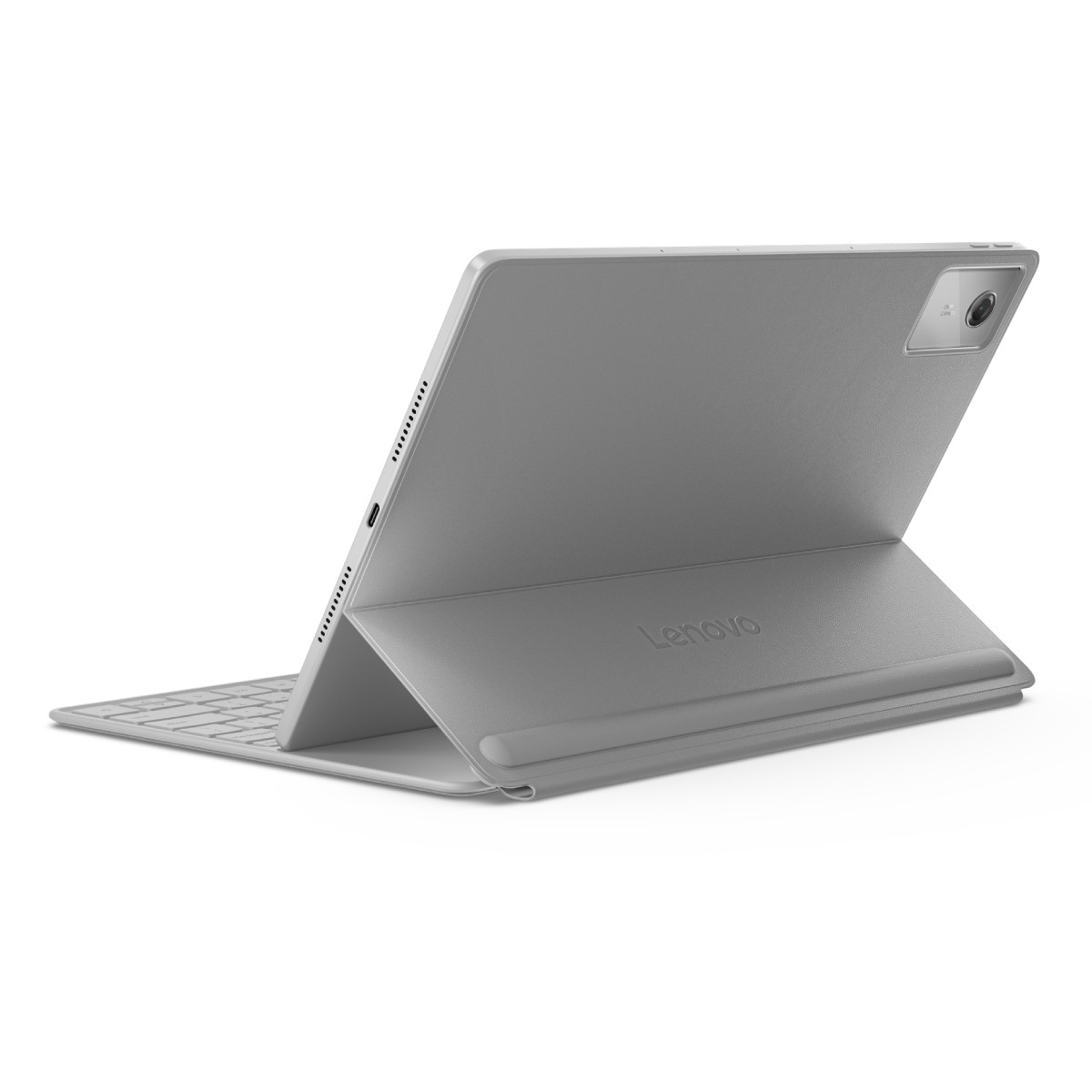 Un tablet Lenovo grigio con tastiera collegata. Lo schermo è aperto, la fotocamera visibile. Il logo Lenovo è visibile.