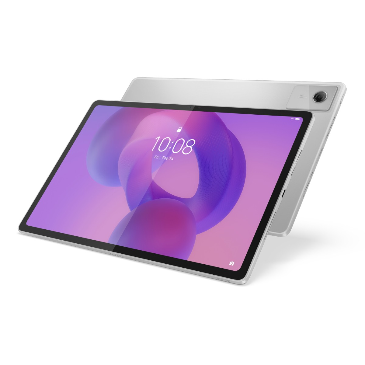 Un tablet argentato mostra un design astratto viola e bianco. L'ora 10:08 e la data ven 24 feb sono visibili sullo schermo.