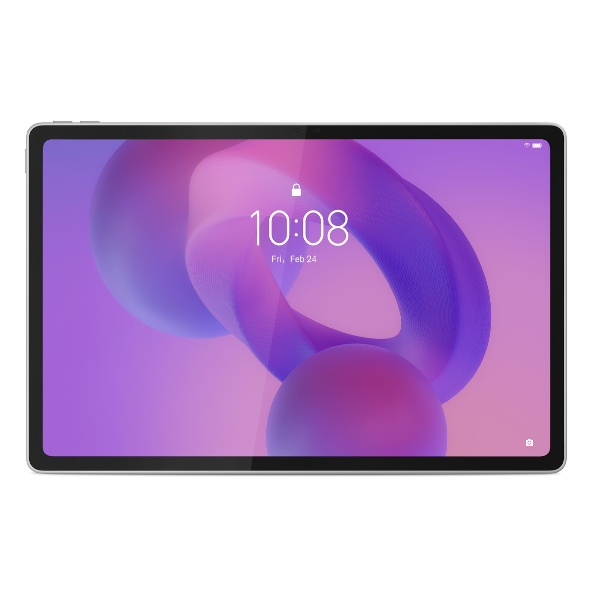Un tablet mostra le 10:08 su uno sfondo viola con forme astratte. Il tablet ha una cornice argentata.