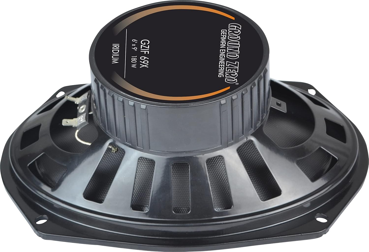 Altoparlante nero con etichetta Ground Zero e testo Iridium. Dettagli includono dimensioni e specifiche di potenza.