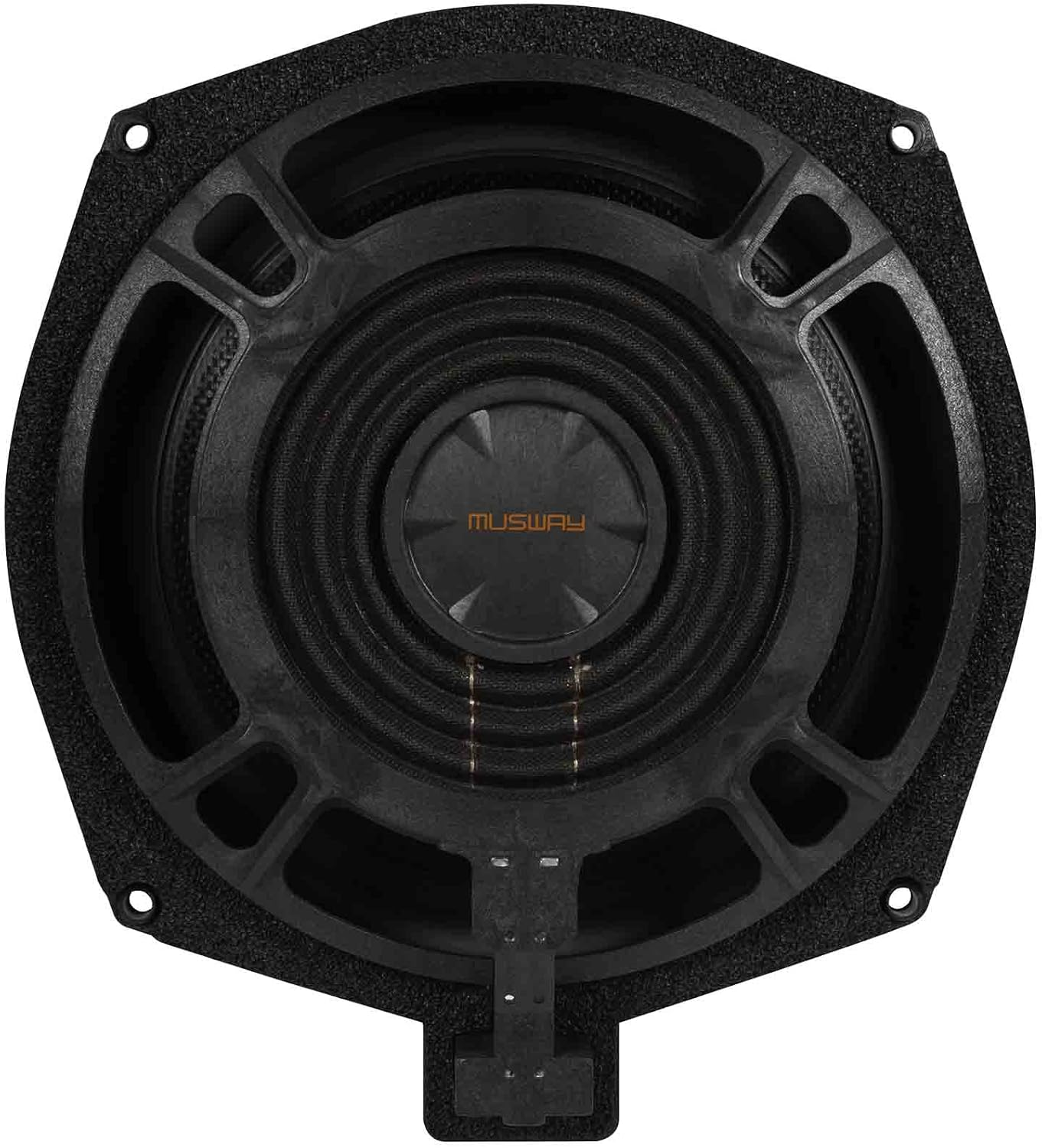 Ein schwarzer Autolautsprecher mit einem zentralen Konus und einem umlaufenden Rahmen. Der Markenname 'MUSWAY' ist sichtbar.