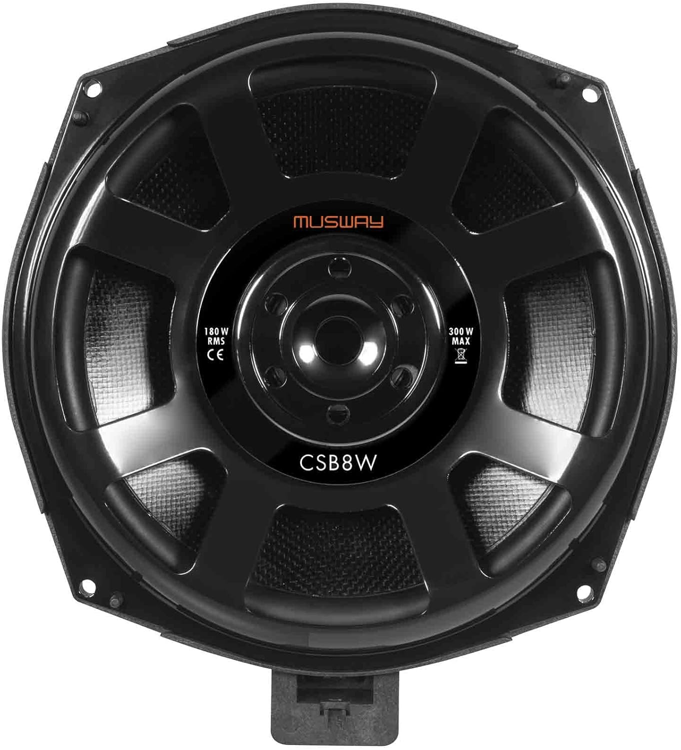 Ein schwarzer Musway CSB8W Auto-Subwoofer. Er hat einen schwarzen Metallrahmen, einen zentralen Konus und den Markennamen.