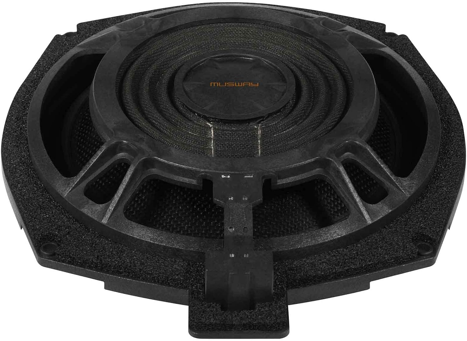 Schwarzer Subwoofer-Lautsprecher. Er hat ein Mittelgitter, einen schwarzen Rahmen und eine Schaumumrandung. Die Marke ist 'MUSWAY'.
