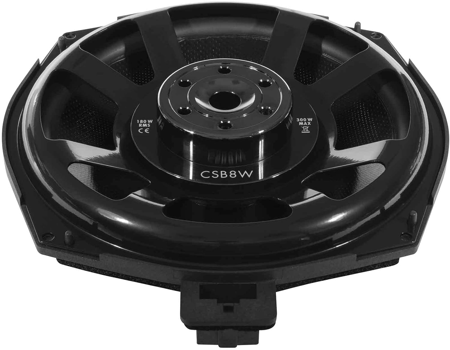 Schwarzer Auto-Subwoofer mit kreisförmigem Design. Er hat einen zentralen Konus, Speichen und Text mit Leistungsangaben.