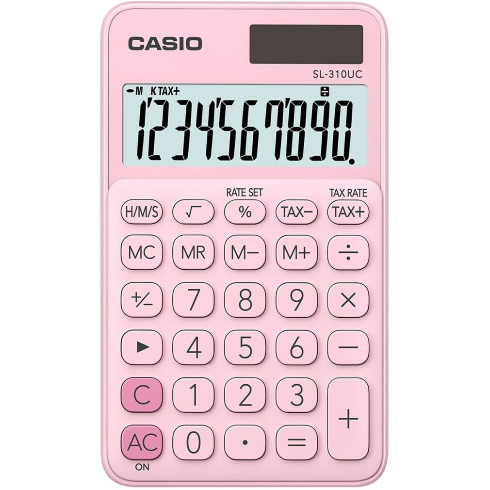 Różowy kalkulator Casio SL-310UC. Wyświetla liczby. Przyciski obejmują cyfry, funkcje matematyczne i pamięci.