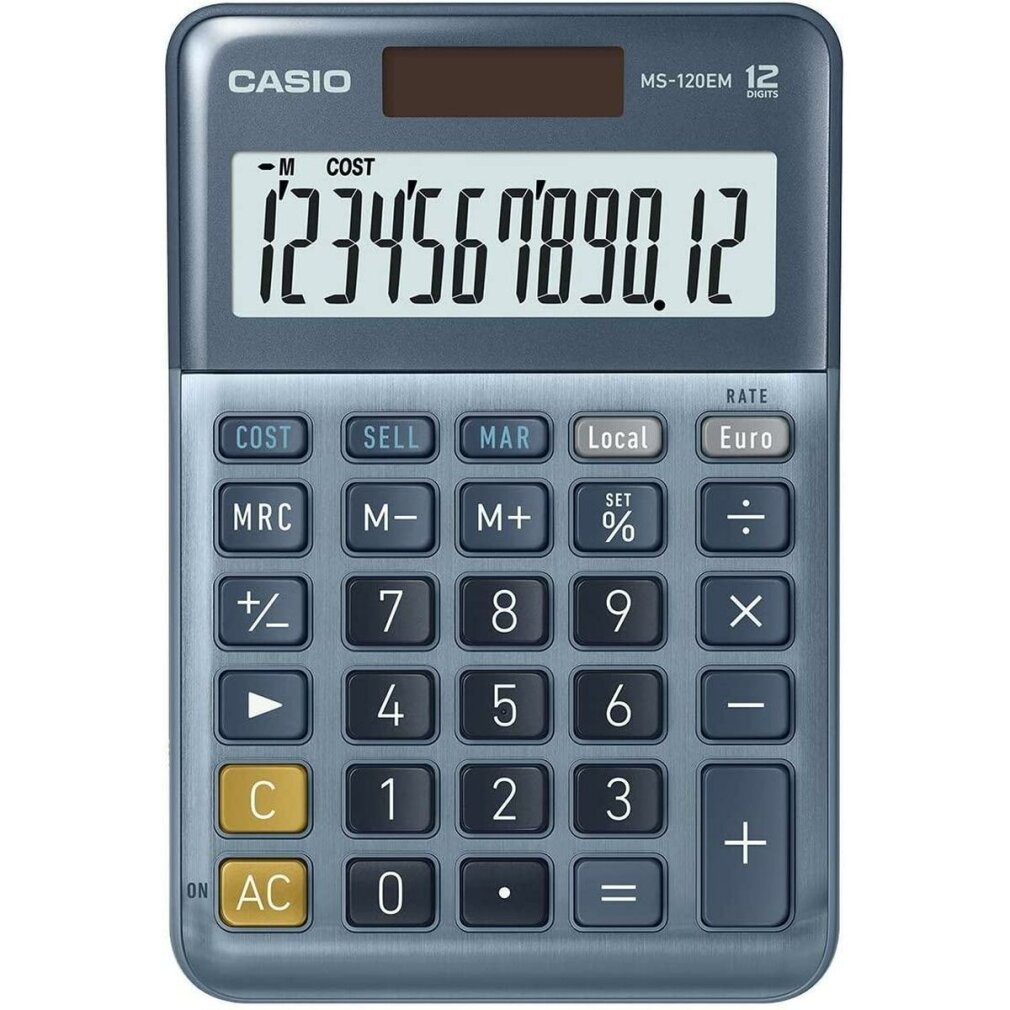 Kalkulator Casio MS-120EM wyświetla liczbę 1 234 567 890,12. Posiada klawisze numeryczne, klawisze funkcyjne i ekran.