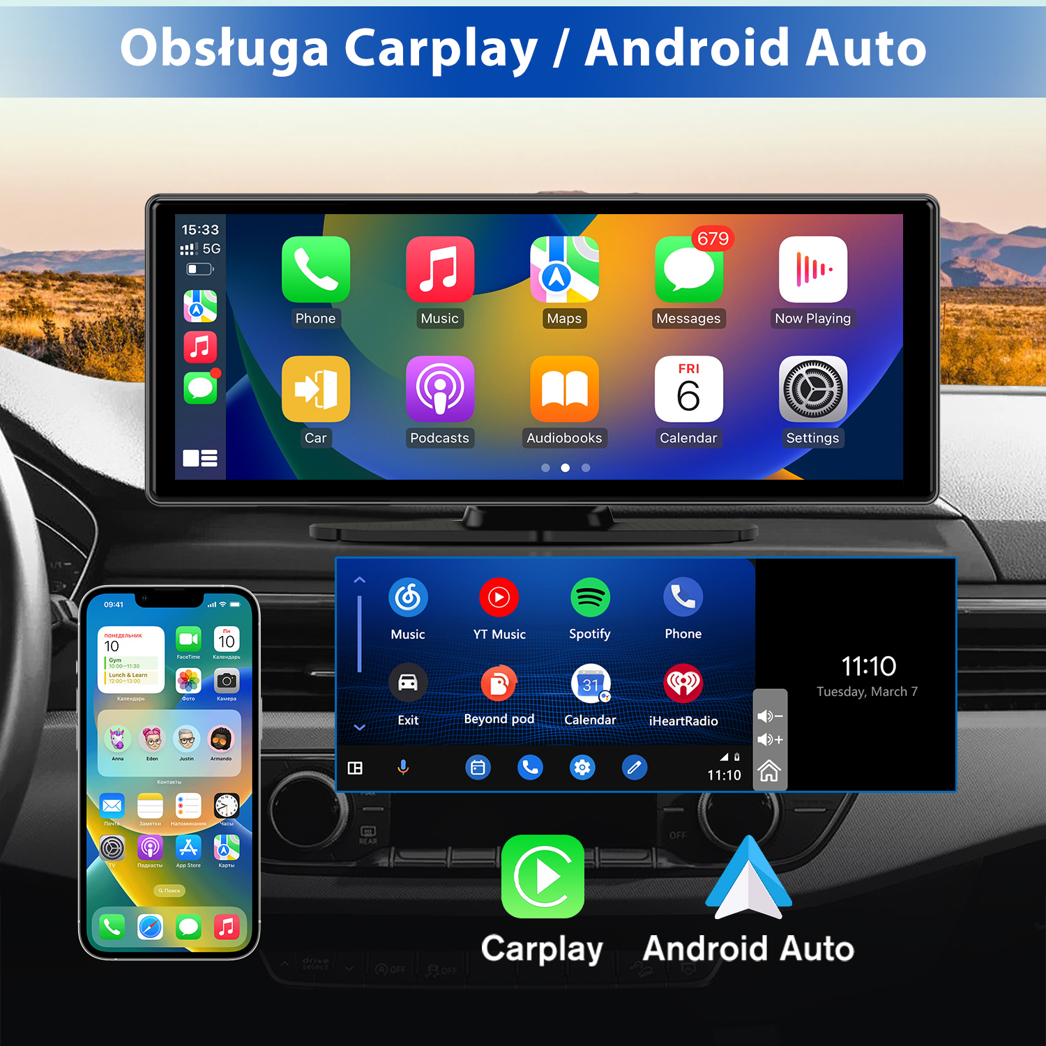 Wyświetlacz samochodowy z aplikacjami telefonicznymi, w tym muzyką, mapami i wiadomościami. Telefon po lewej i ikony Android Auto/Carplay na dole.