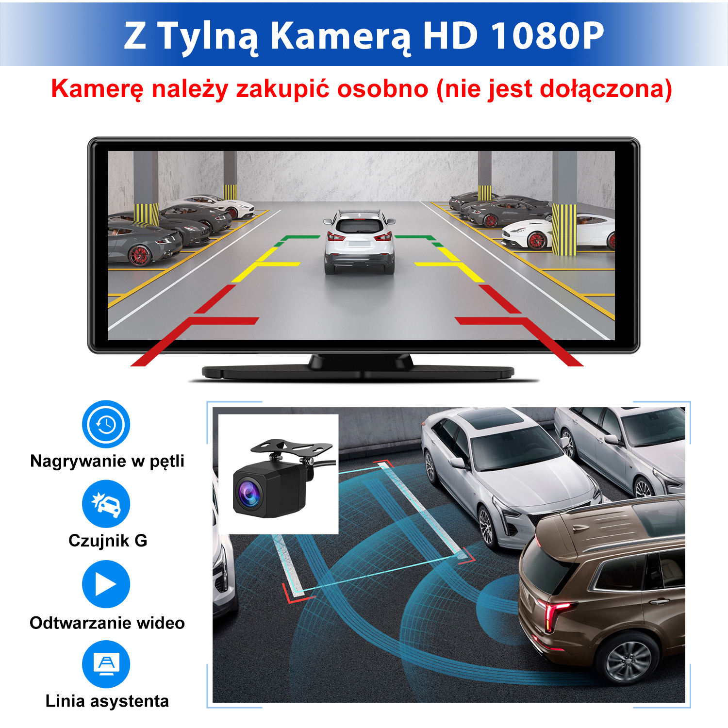 Obraz przedstawia system wspomagania parkowania samochodu. Ekran wyświetla samochód na parkingu. Widoczne są ikony funkcji, takich jak nagrywanie w pętli.