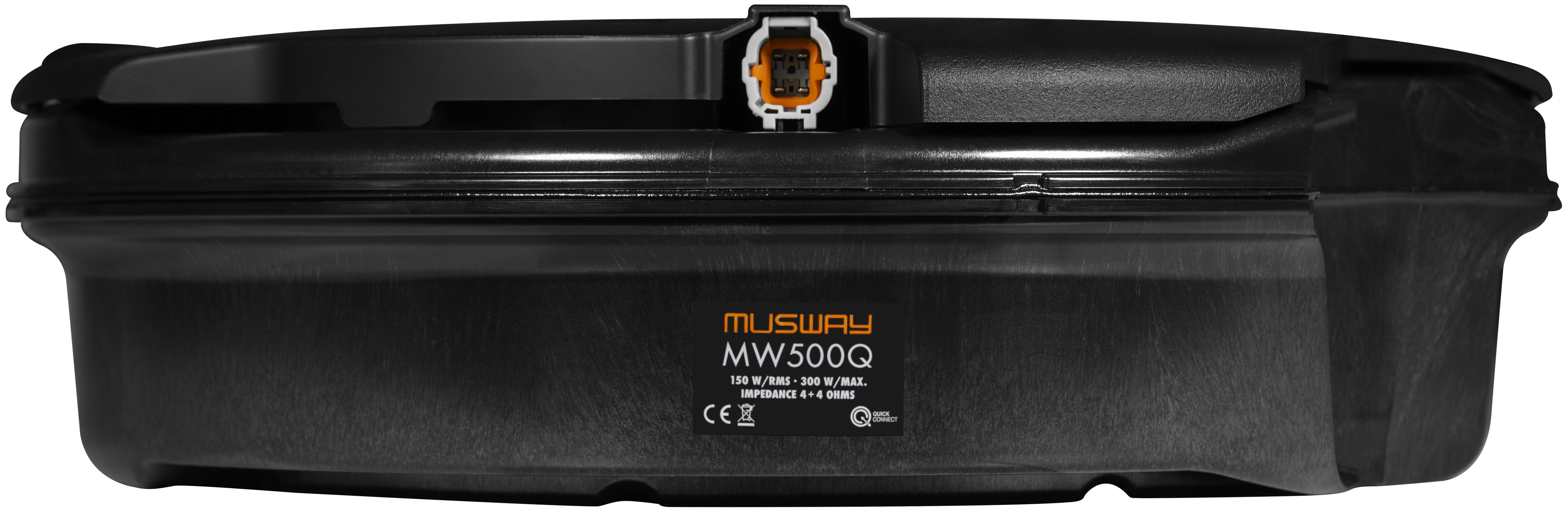 Ein schwarzer Subwoofer mit einem Anschluss oben. Der Text MUSWAY MW500Q ist sichtbar. Spezifikationen sind ebenfalls aufgedruckt.