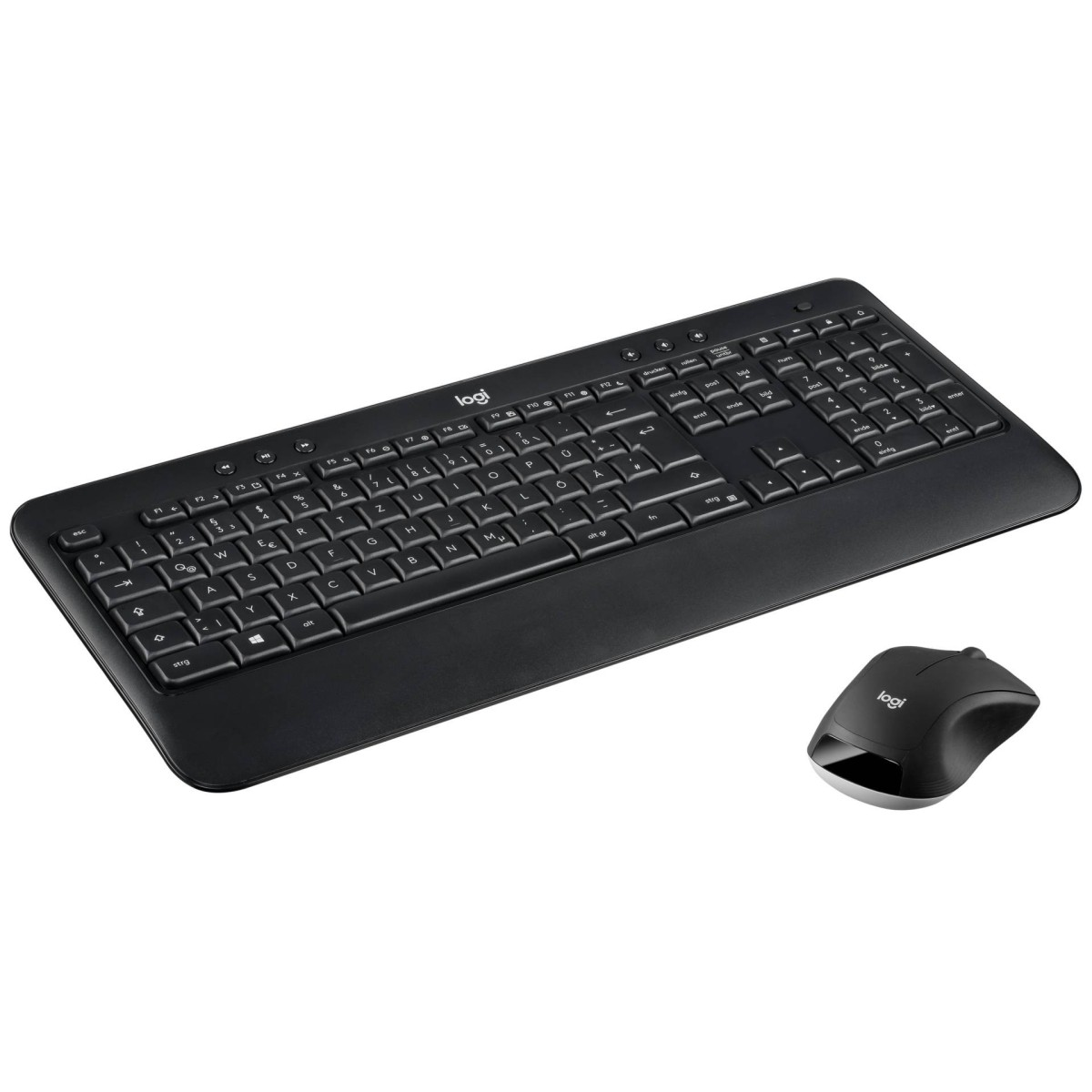 Czarny zestaw klawiatury i myszy Logitech. Klawiatura jest pełnowymiarowa, a mysz ergonomiczna.