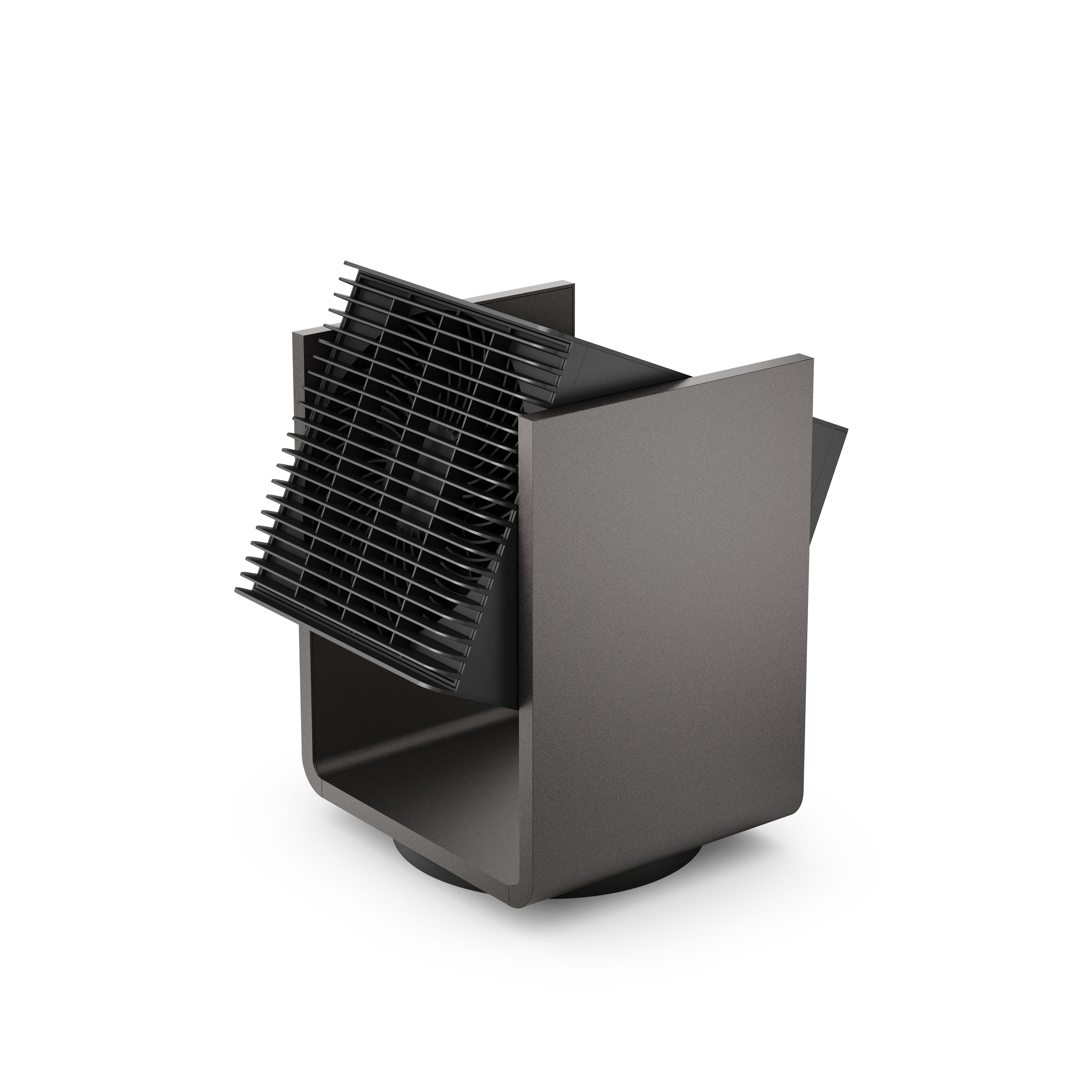 Un ventilatore moderno grigio scuro con una griglia, su sfondo bianco. Il ventilatore ha una forma a cubo.