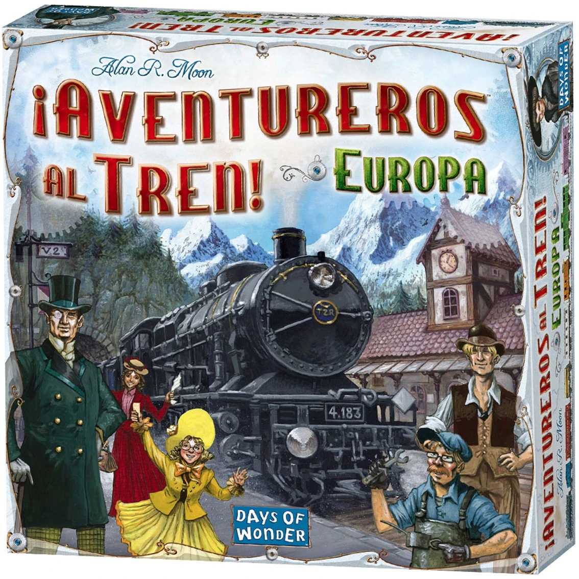 Schachtelkunst für '¡Aventureros al Tren! Europa'. Eine Dampflok ist prominent. Menschen in historischer Kleidung stehen darum herum. Schneebedeckte Berge dahinter.