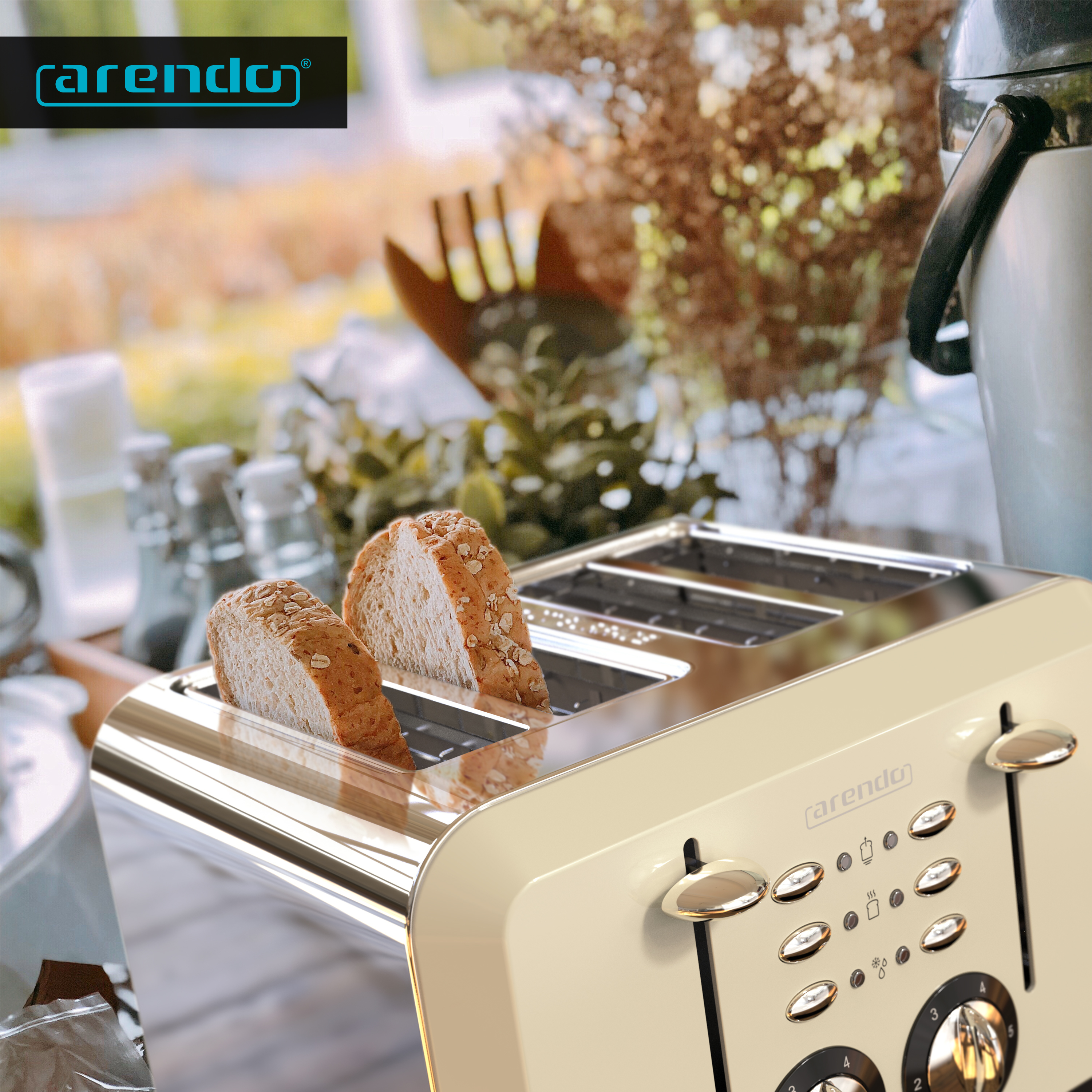 Ein beiger Toaster mit zwei Brotscheiben. Der Markenname ist 'arendo'. Der Hintergrund ist verschwommen mit Grün und Weiß.
