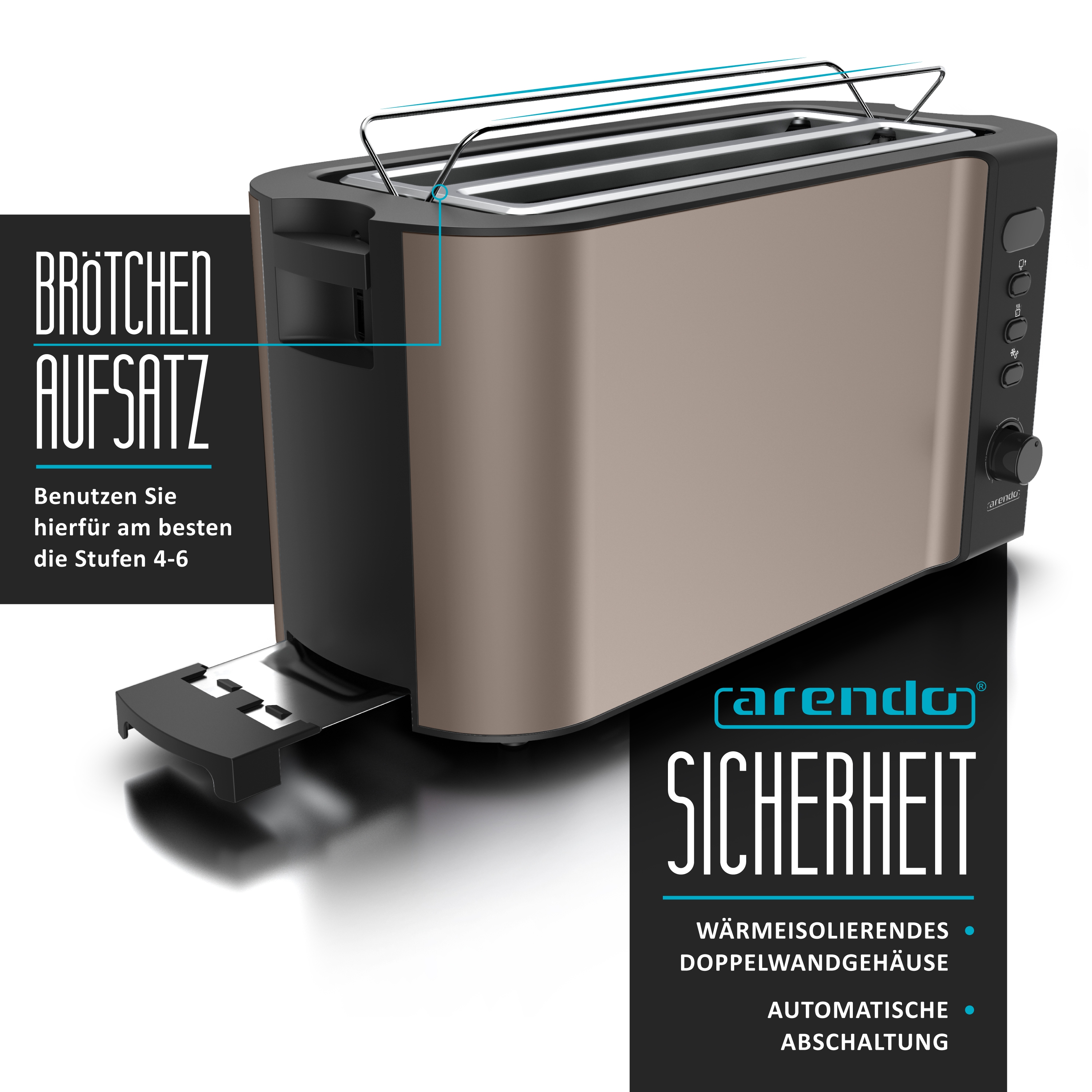 Ein Toaster mit braunem Gehäuse und schwarzen Akzenten. Er hat ein 'Brötchen Aufsatz'-Etikett und 'Sicherheit' unten.
