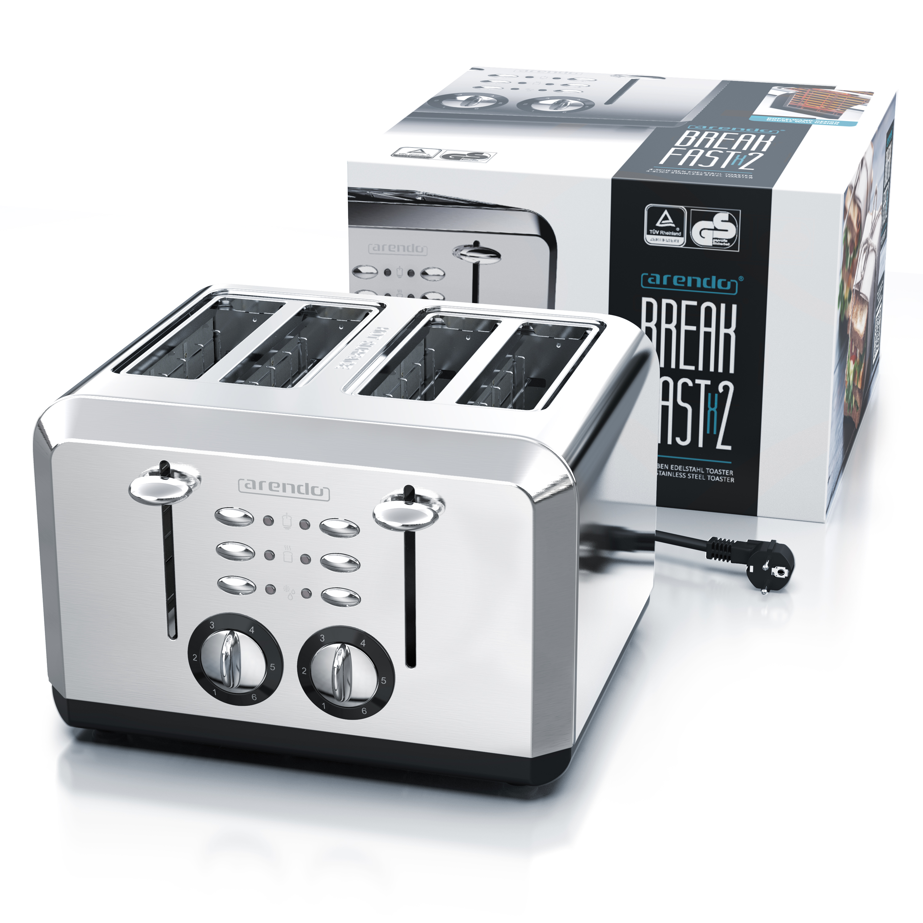 Ein Toaster aus Edelstahl mit einer dahinter stehenden Box. Auf der Box steht Break Fast 2. Er hat ein Netzkabel.