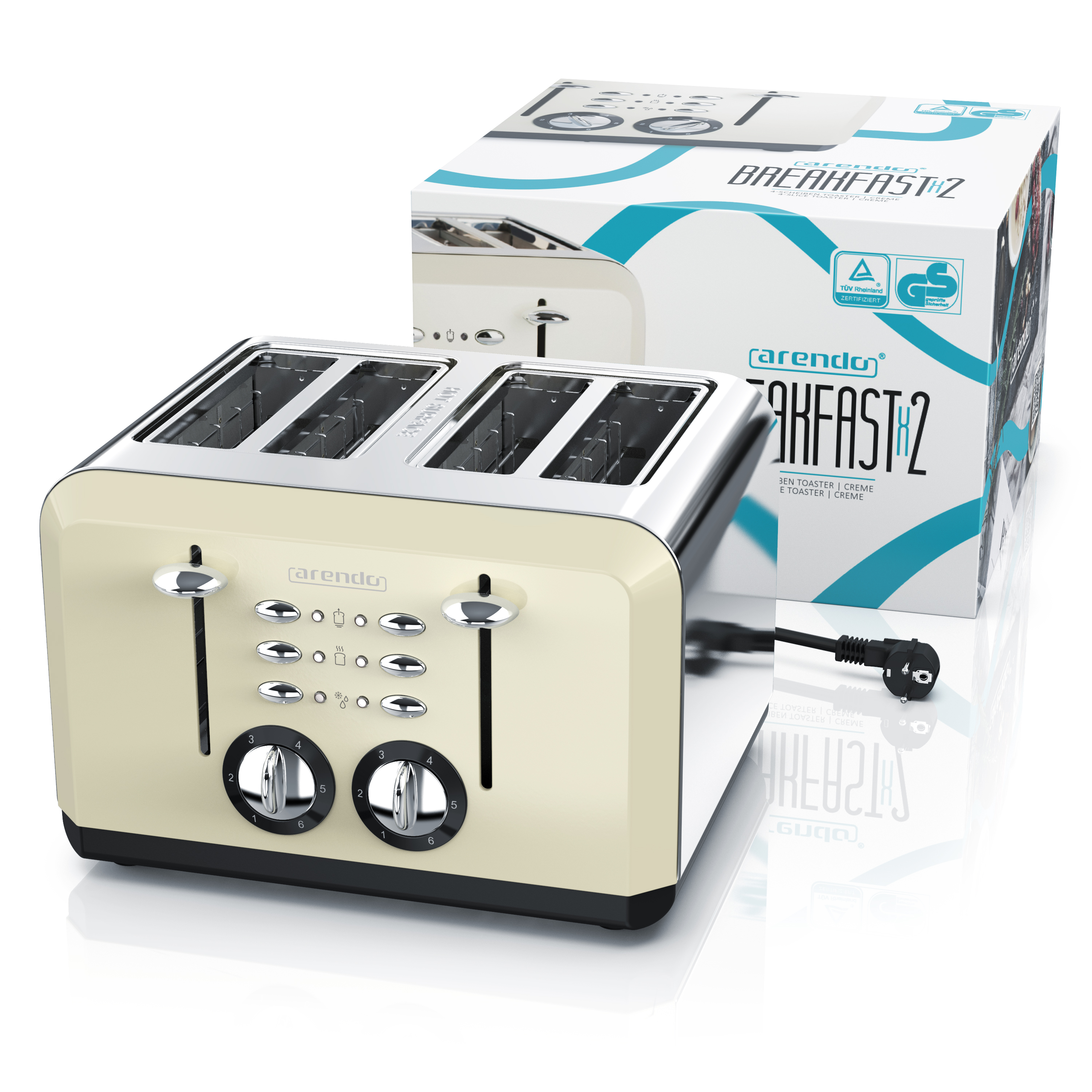 Ein cremefarbener Toaster mit vier Schlitzen und einer passenden Schachtel. Der Toaster hat Chromakzente und Bedienknöpfe.