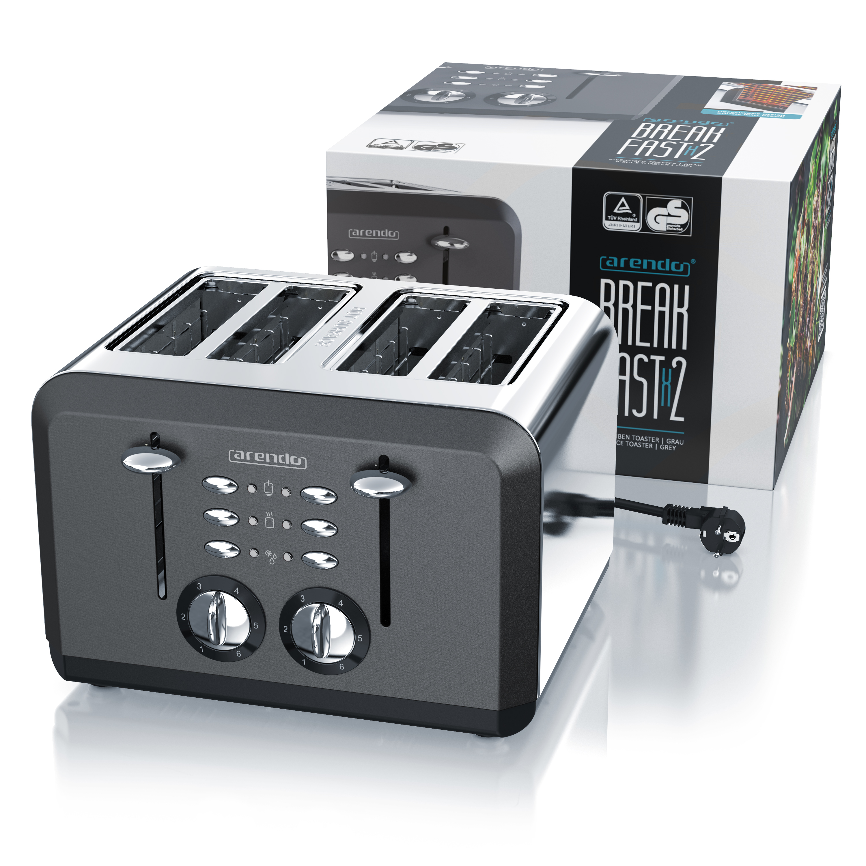 Ein schwarzer und silberner Toaster mit einer Schachtel dahinter. Der Toaster hat Schlitze, Knöpfe und Tasten.
