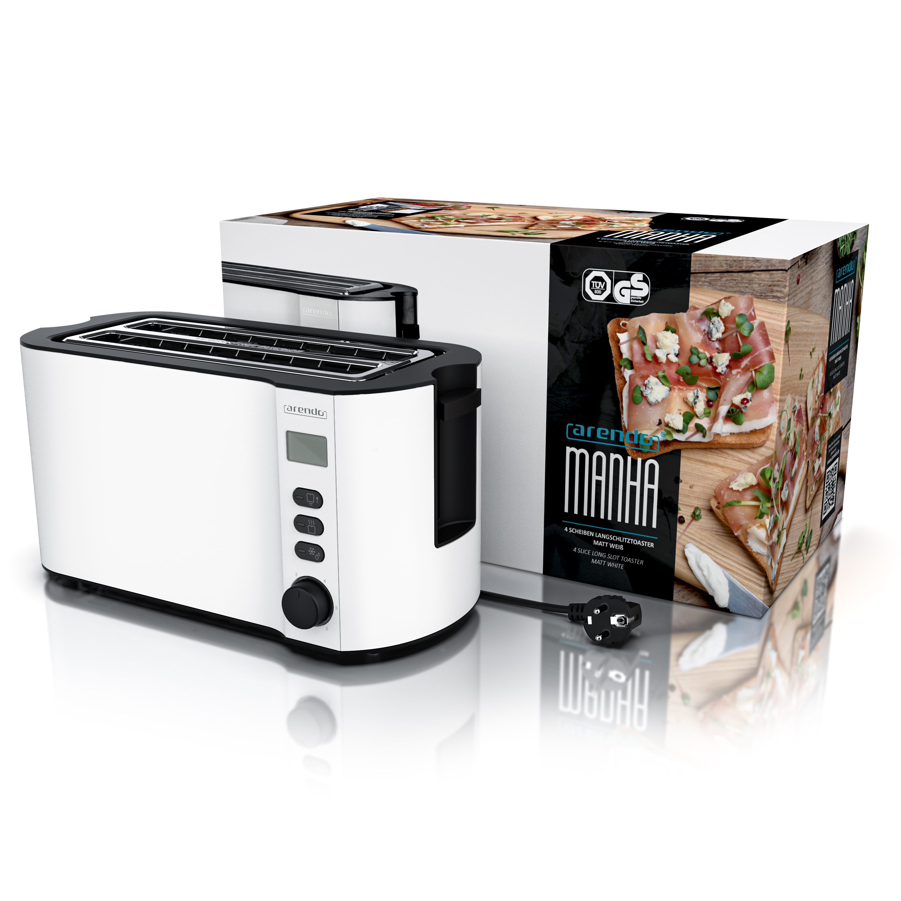 Ein weißer Toaster mit schwarzen Akzenten und eine Schachtel mit Toast und Zutaten stehen auf weißem Grund.