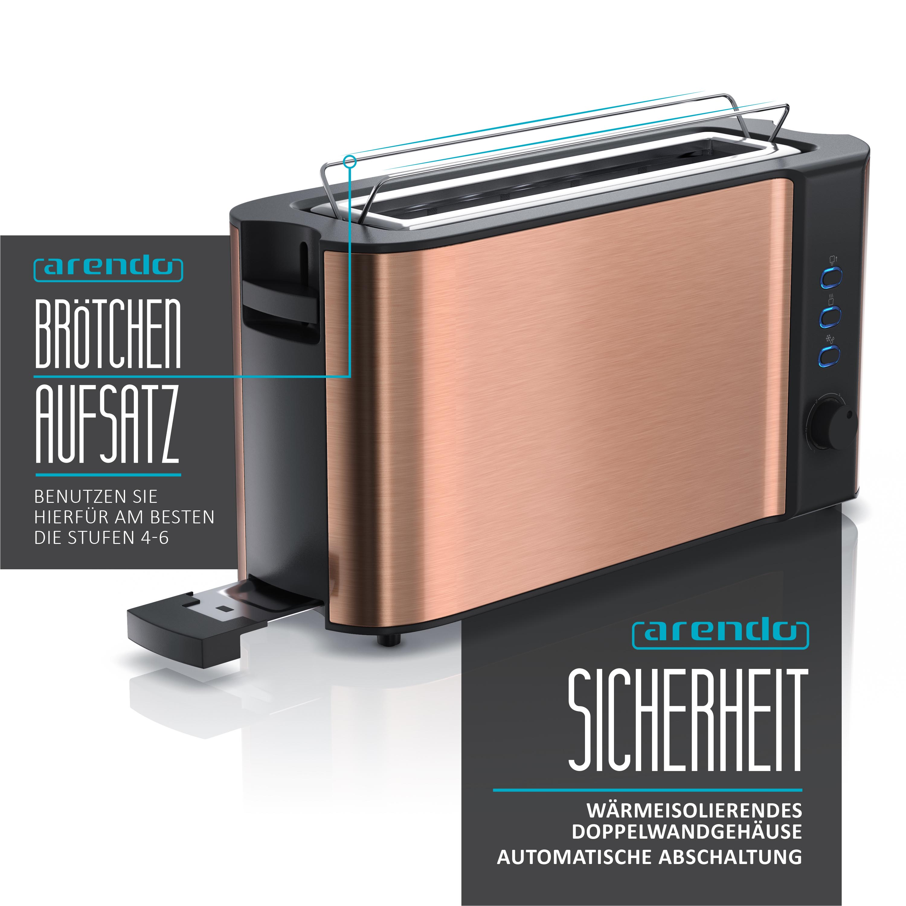 Ein kupferfarbener Toaster mit schwarzen Akzenten. Text auf Deutsch: 'Brötchen Aufsatz' und 'Sicherheit'.
