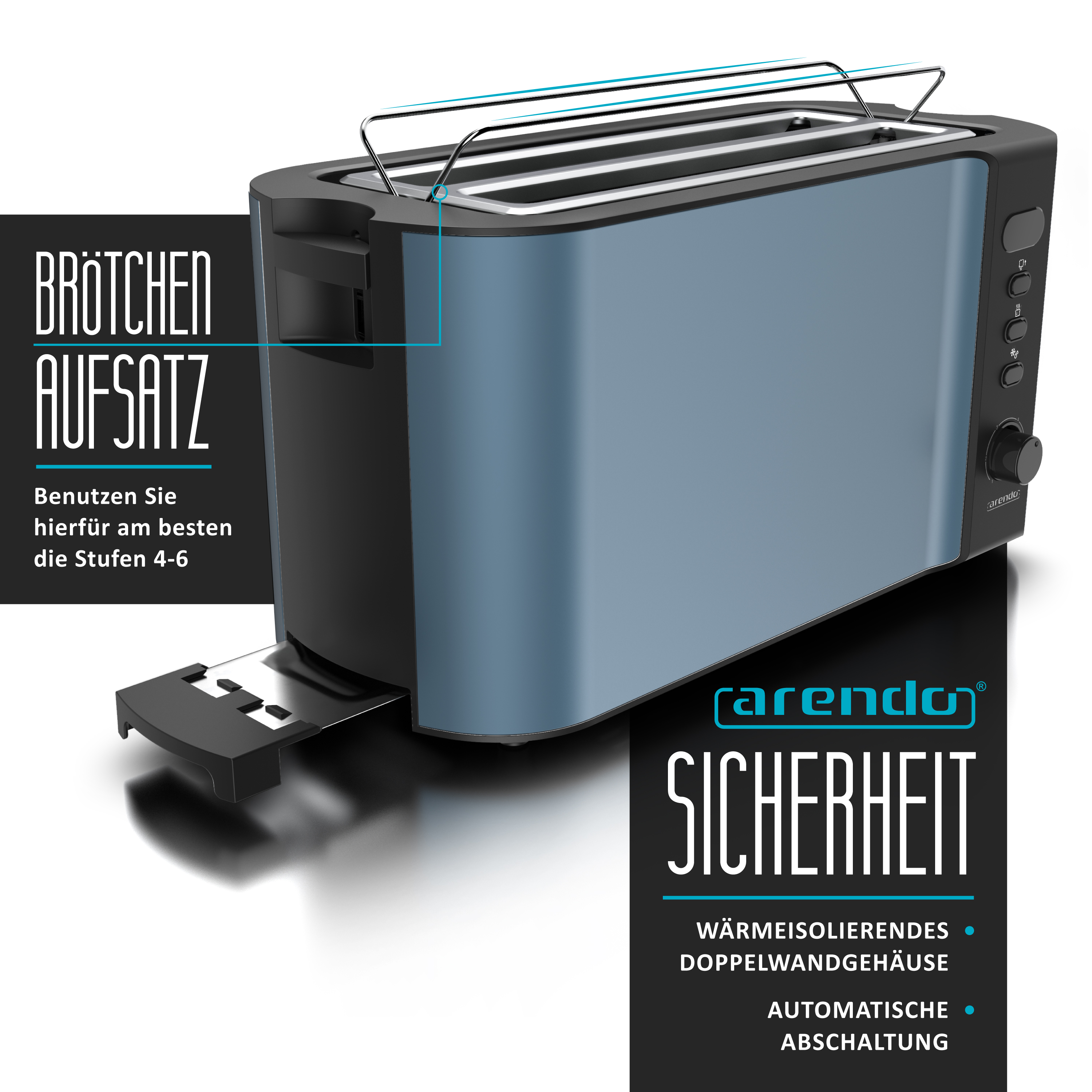 Ein blauer Toaster mit Brothalter auf weißer Oberfläche. Text auf Deutsch zeigt Funktionen und Markenname.