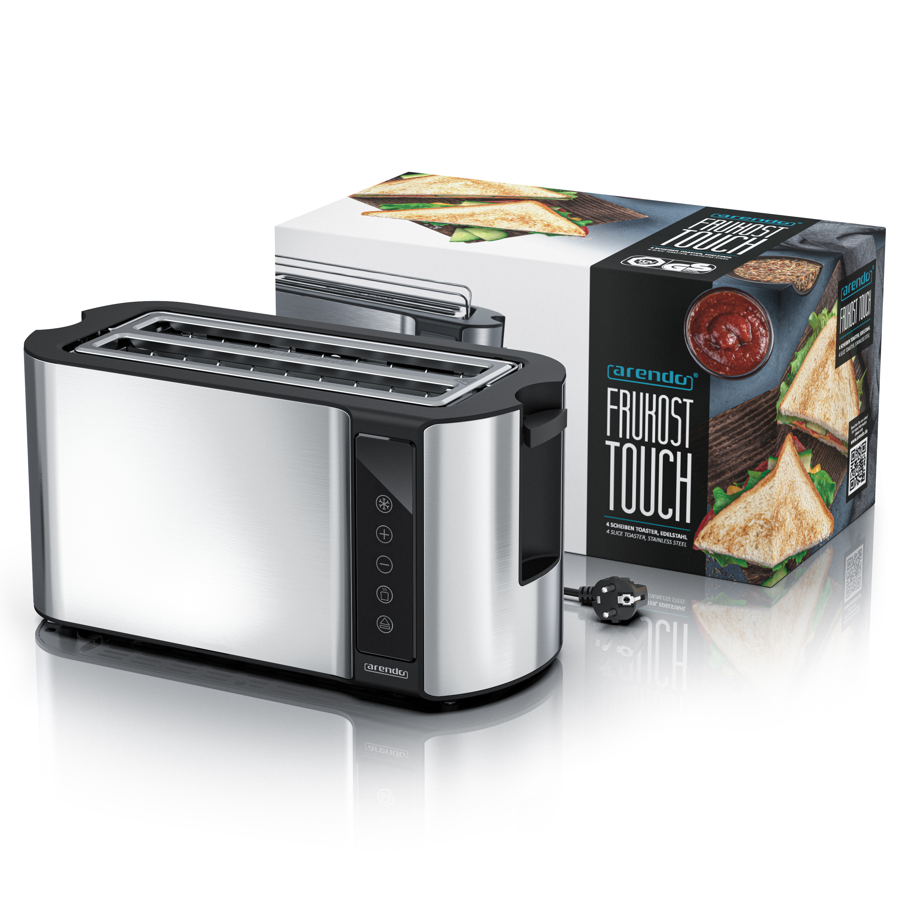 Ein Edelstahl-Toaster mit schwarzem Bedienfeld und einer Schachtel mit Sandwich-Bild.