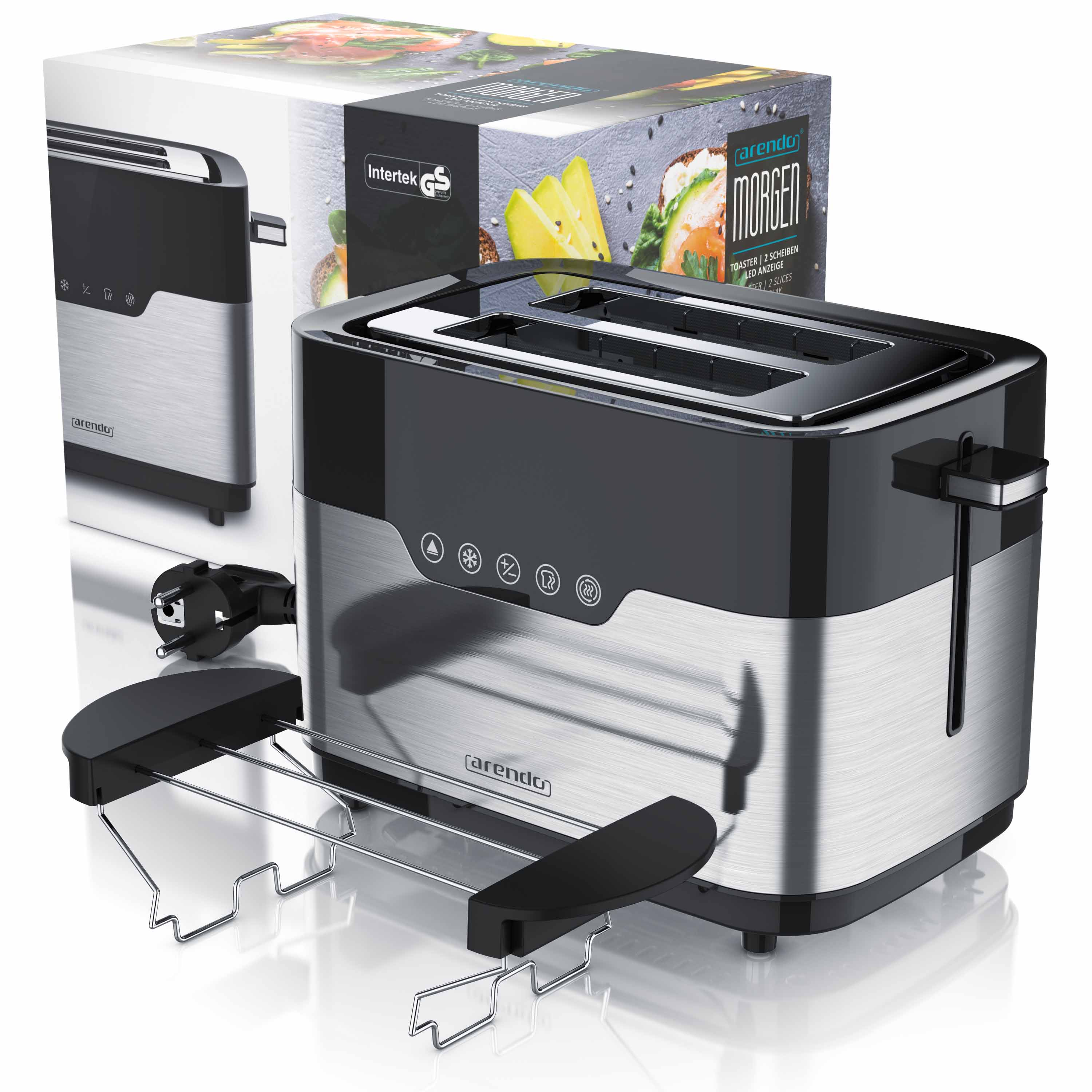 Ein moderner Toaster mit schwarzem und silbernem Design, eine Brotdose und ein Stecker.