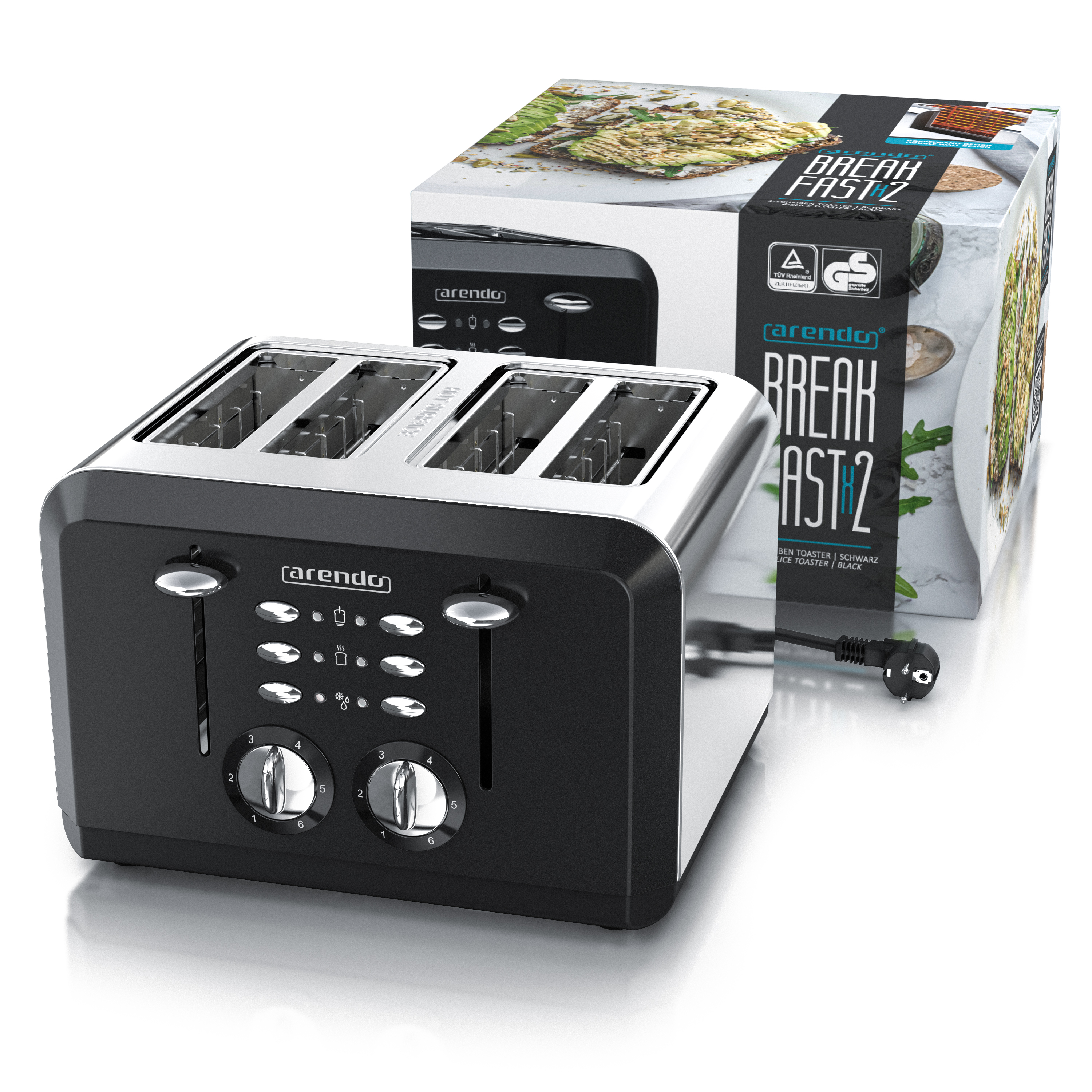 Ein schwarzer und silberner Vier-Scheiben-Toaster mit einer Schachtel mit der Aufschrift 'BREAK FAST 2' auf weißem Untergrund.