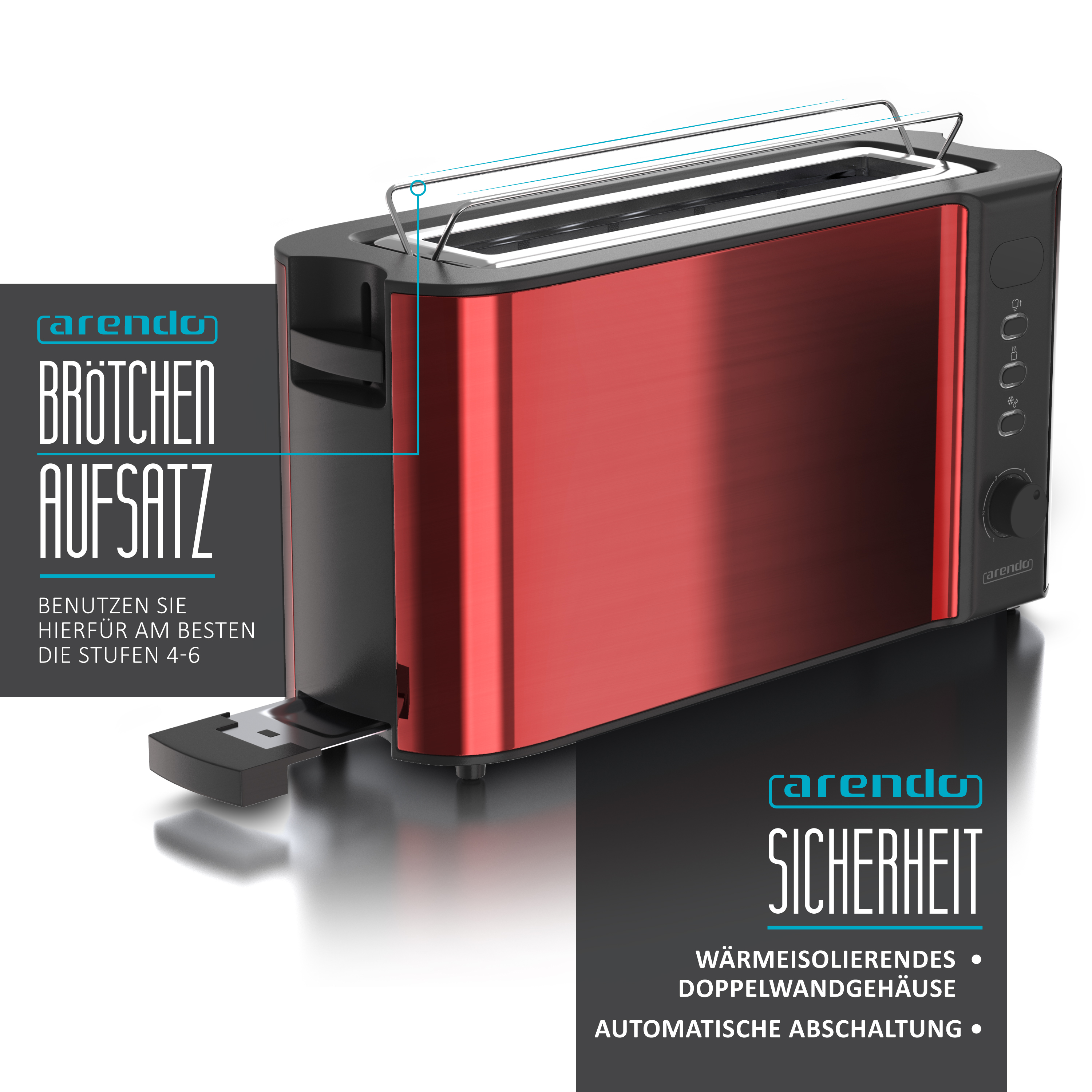 Ein rot-schwarzer Toaster mit Edelstahlplatte. Text-Overlays heben Funktionen und Markenname hervor.
