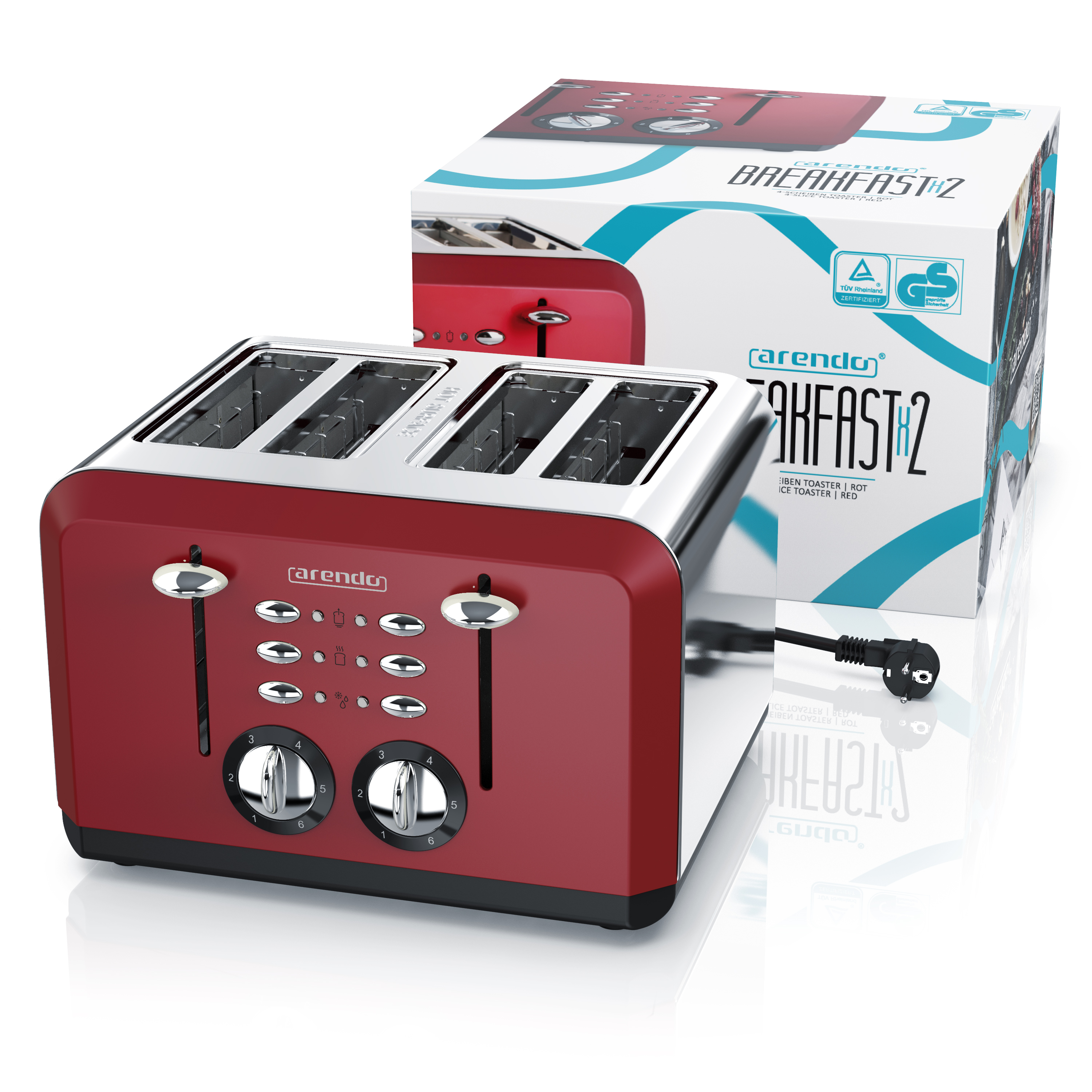Ein roter Toaster mit Karton. Der Toaster hat 4 Schlitze und Drehknöpfe. Die Box hat das gleiche Bild.