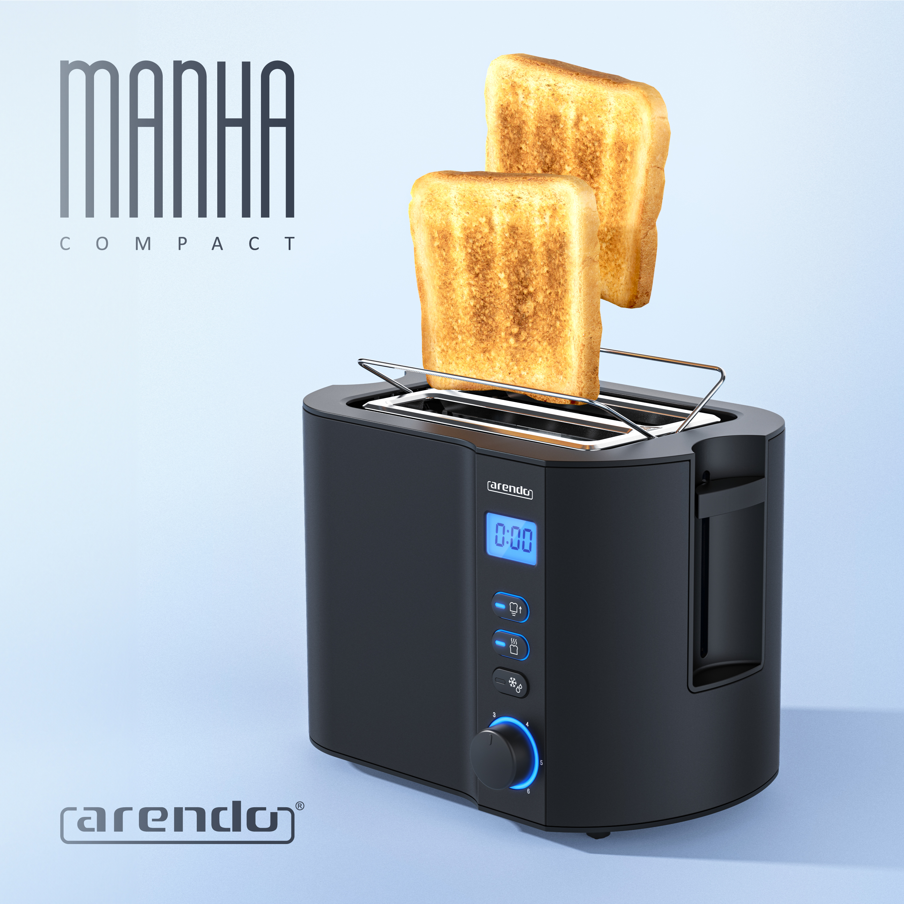 Ein schwarzer Toaster mit zwei Toastscheiben. Der Toaster hat eine Digitalanzeige und Bedientasten. Hellblauer Hintergrund.