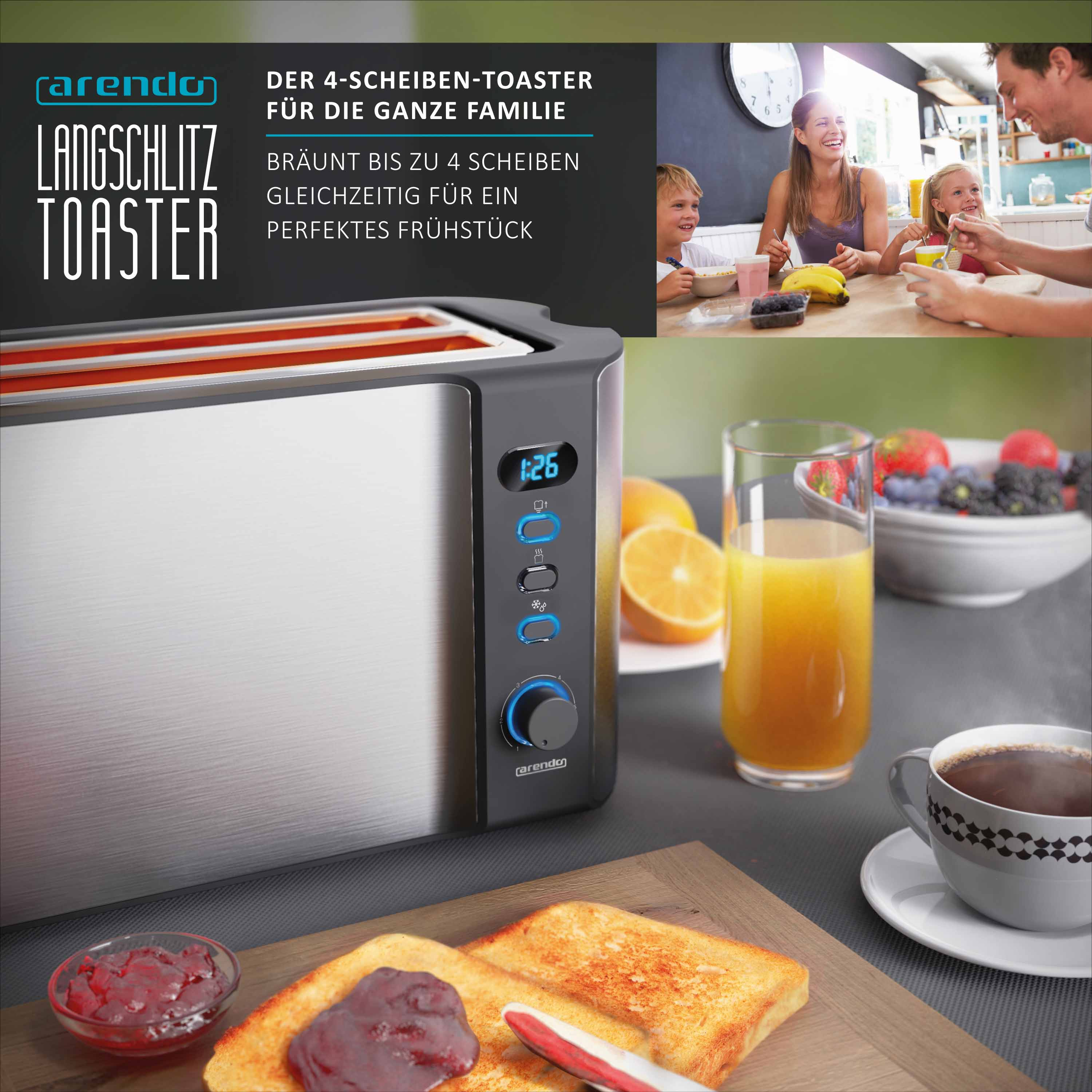 Ein Toaster, Toast mit Marmelade, Saft, Kaffee und eine Familie beim Frühstück sind zu sehen.
