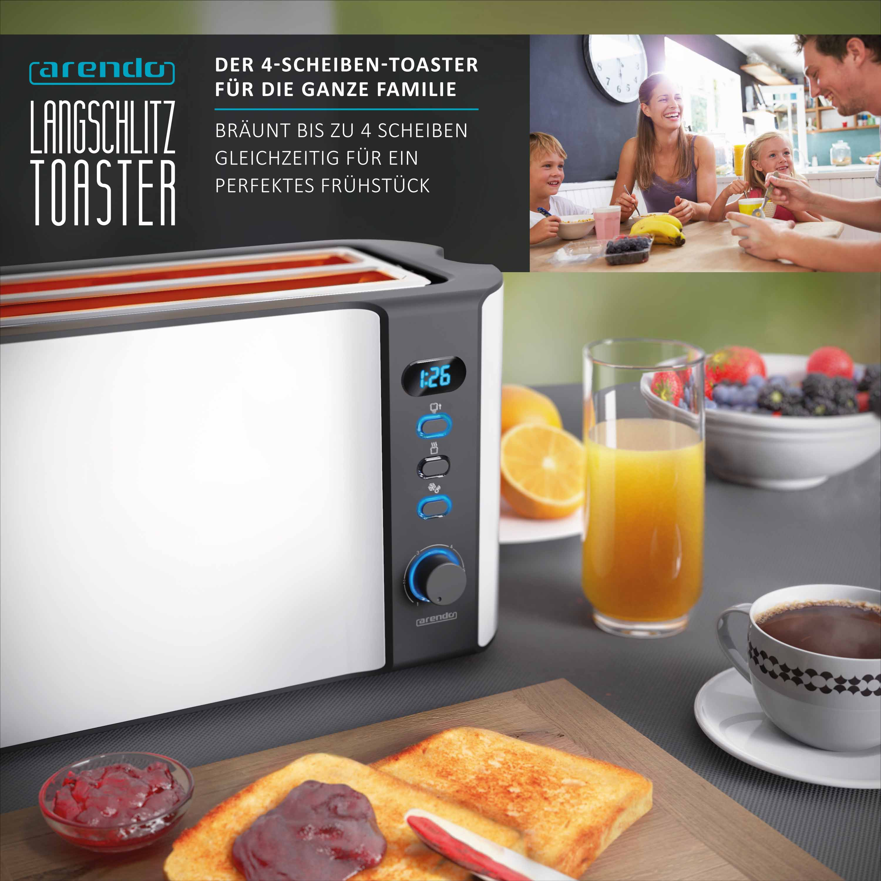 Ein weißer Toaster mit blauen Lichtern, Toast und eine Familie, die mit einer Uhr frühstückt.