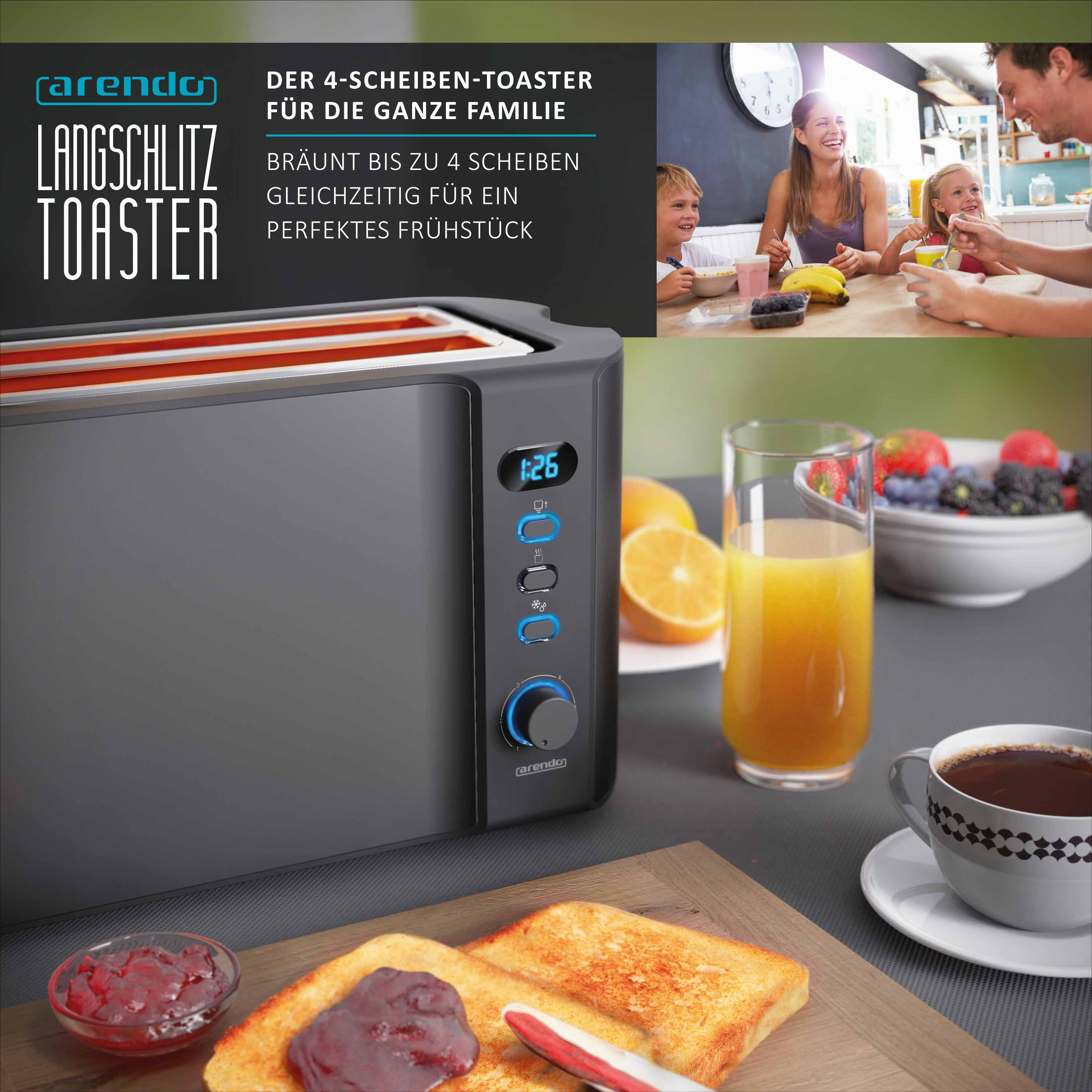 Gezeigter Toaster, Toast, Saft und eine Familie am Tisch. Der Toaster hat eine Digitaluhr und blaue Lichter.
