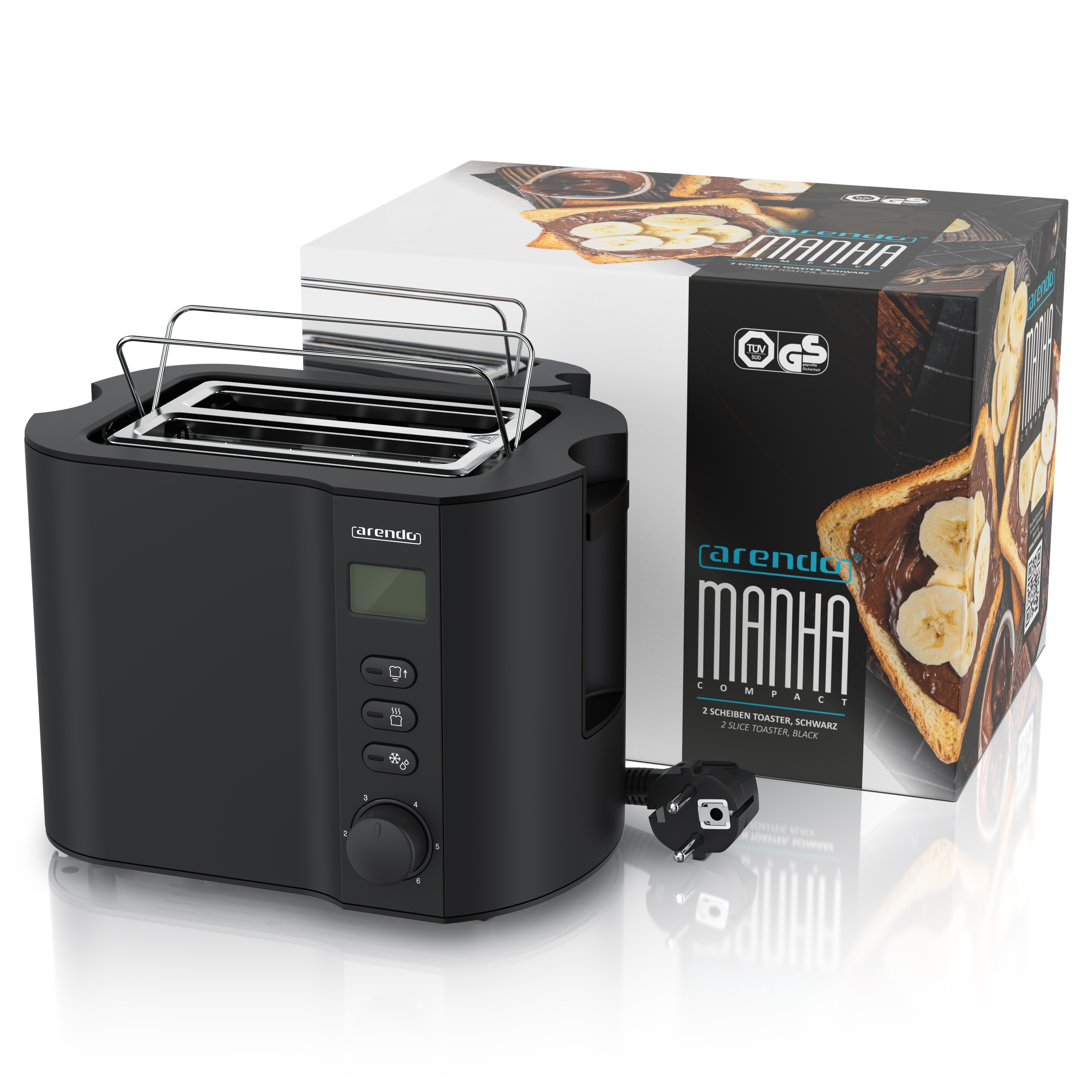 Schwarzer Toaster mit Box. Box zeigt Toast mit Schokocreme und Bananenscheiben. Weißer Hintergrund.