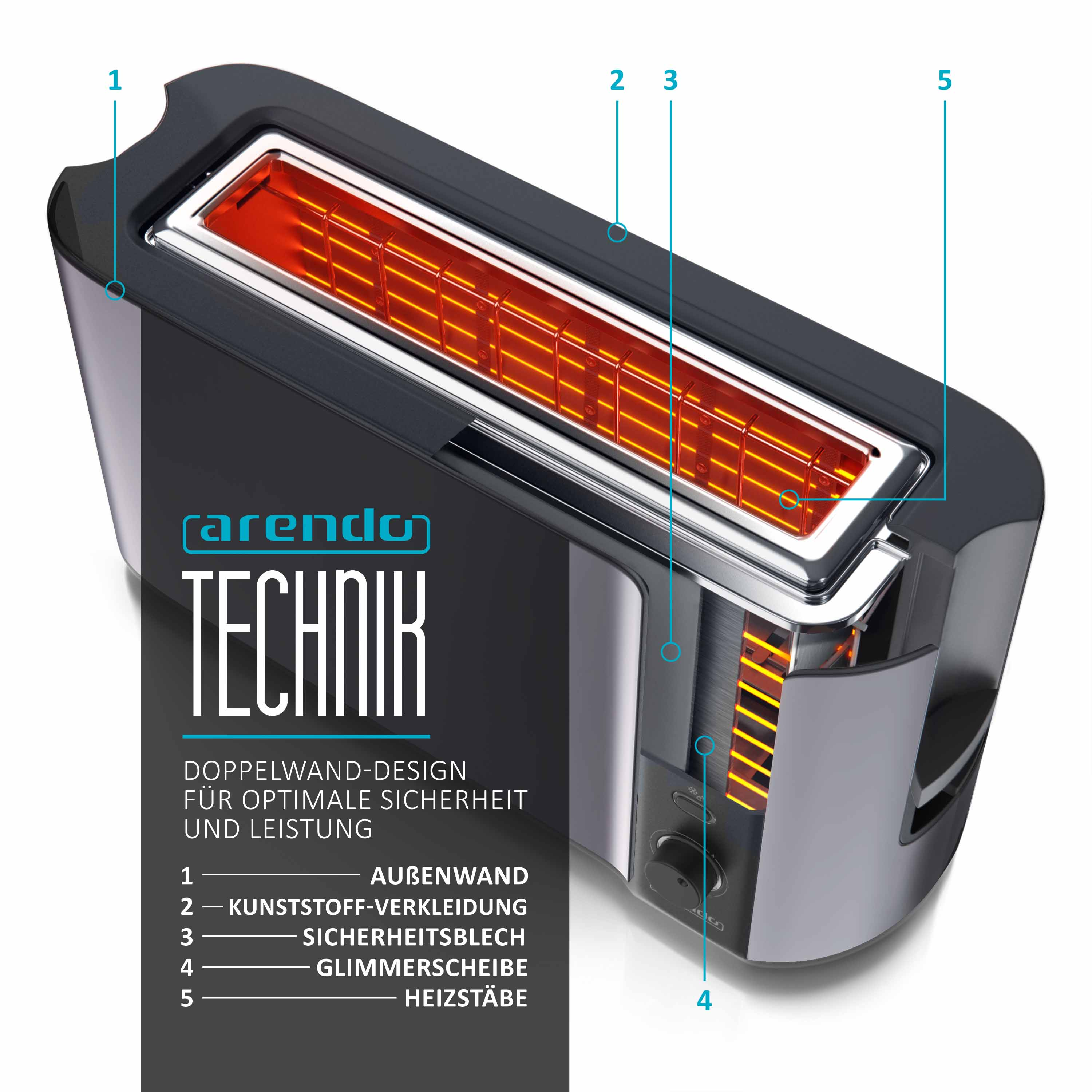 Ein Toaster mit schwarz-silbernem Design. Die Brotschlitze sind sichtbar, mit Heizelementen im Inneren. Text beschriftet Teile.