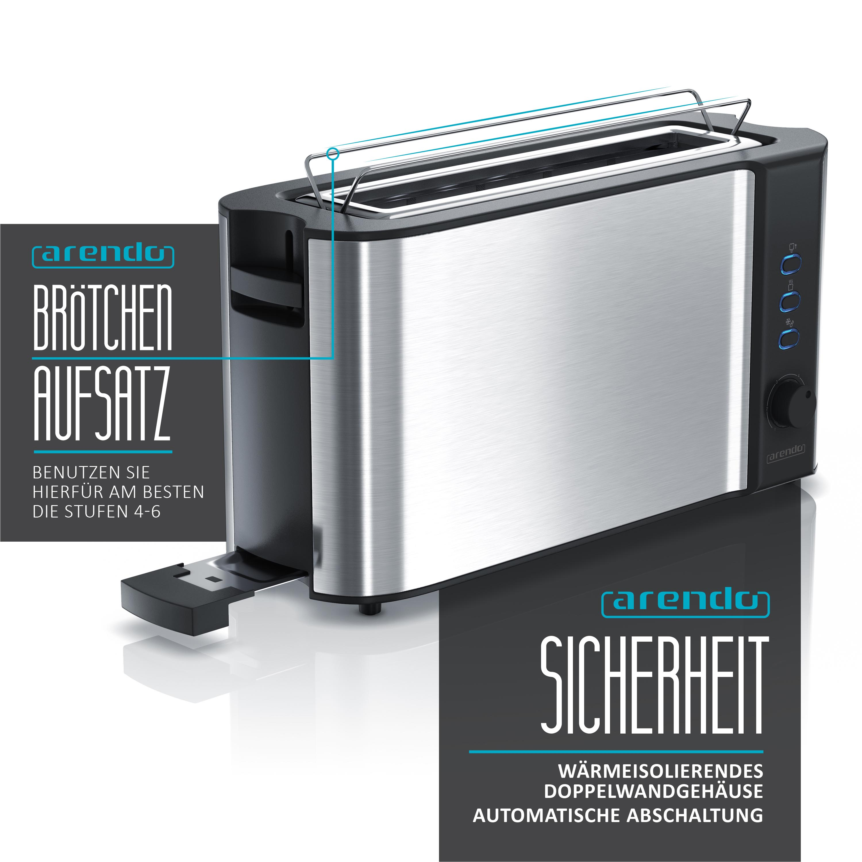 Ein silberner und schwarzer Toaster mit Brötchenaufsatz, Bedienelementen und dem Markennamen 'arendo'.