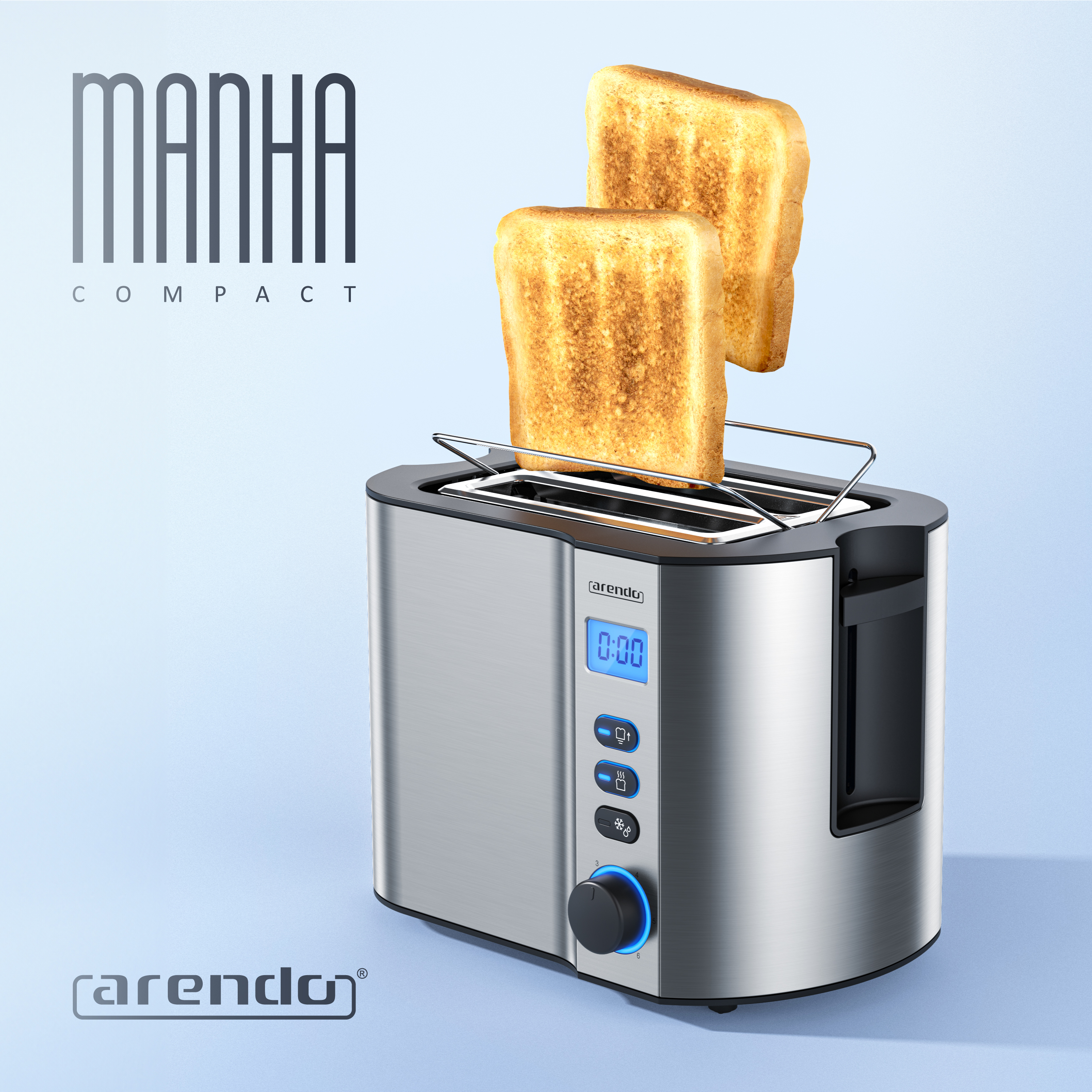 Toaster mit zwei herausspringenden Toastscheiben. Silbernes Gehäuse, blaue Anzeige und Drehknopf. Text "MANHA COMPACT" sichtbar.