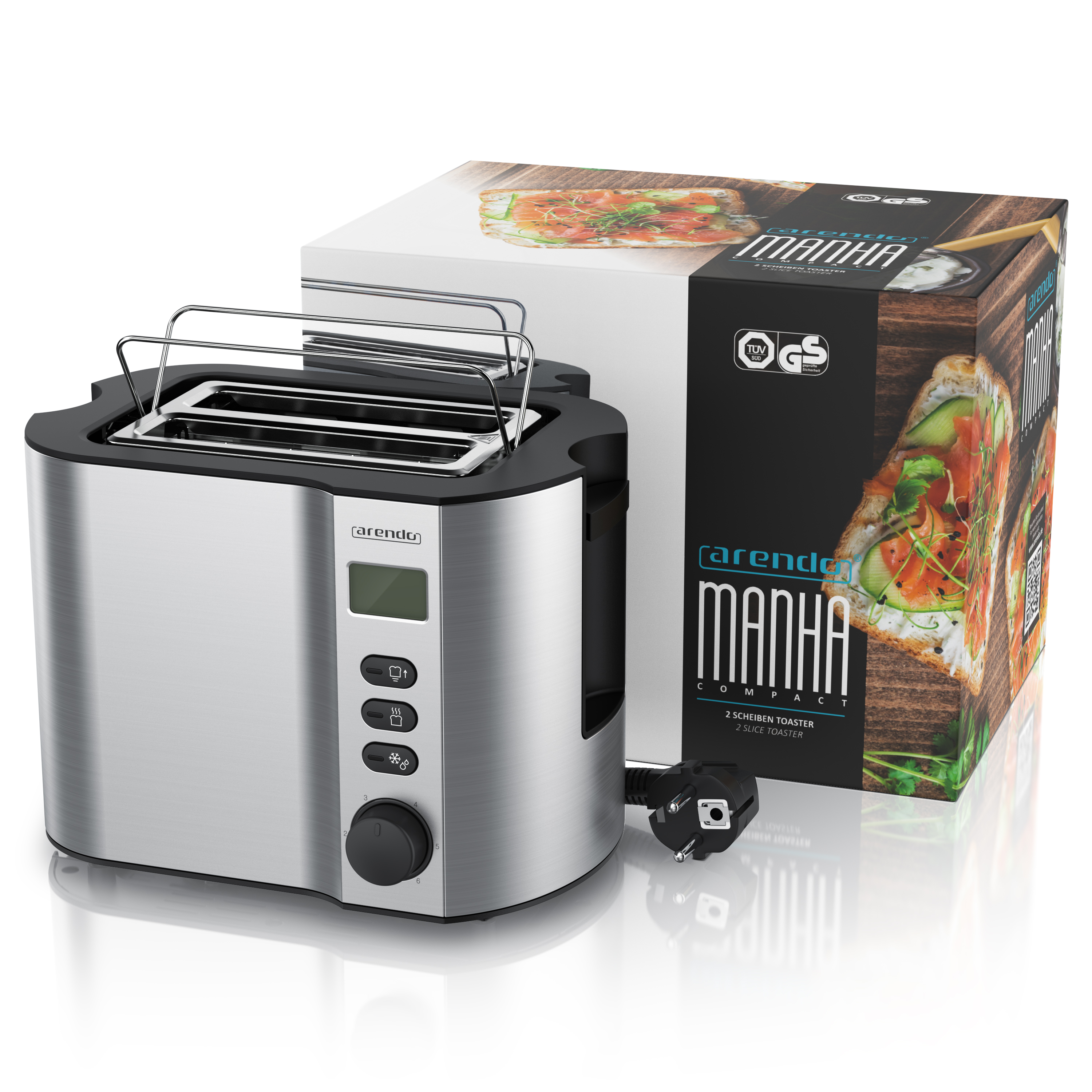 Ein Toaster aus Edelstahl mit einer Box. Die Box hat ein Bild eines Sandwiches.