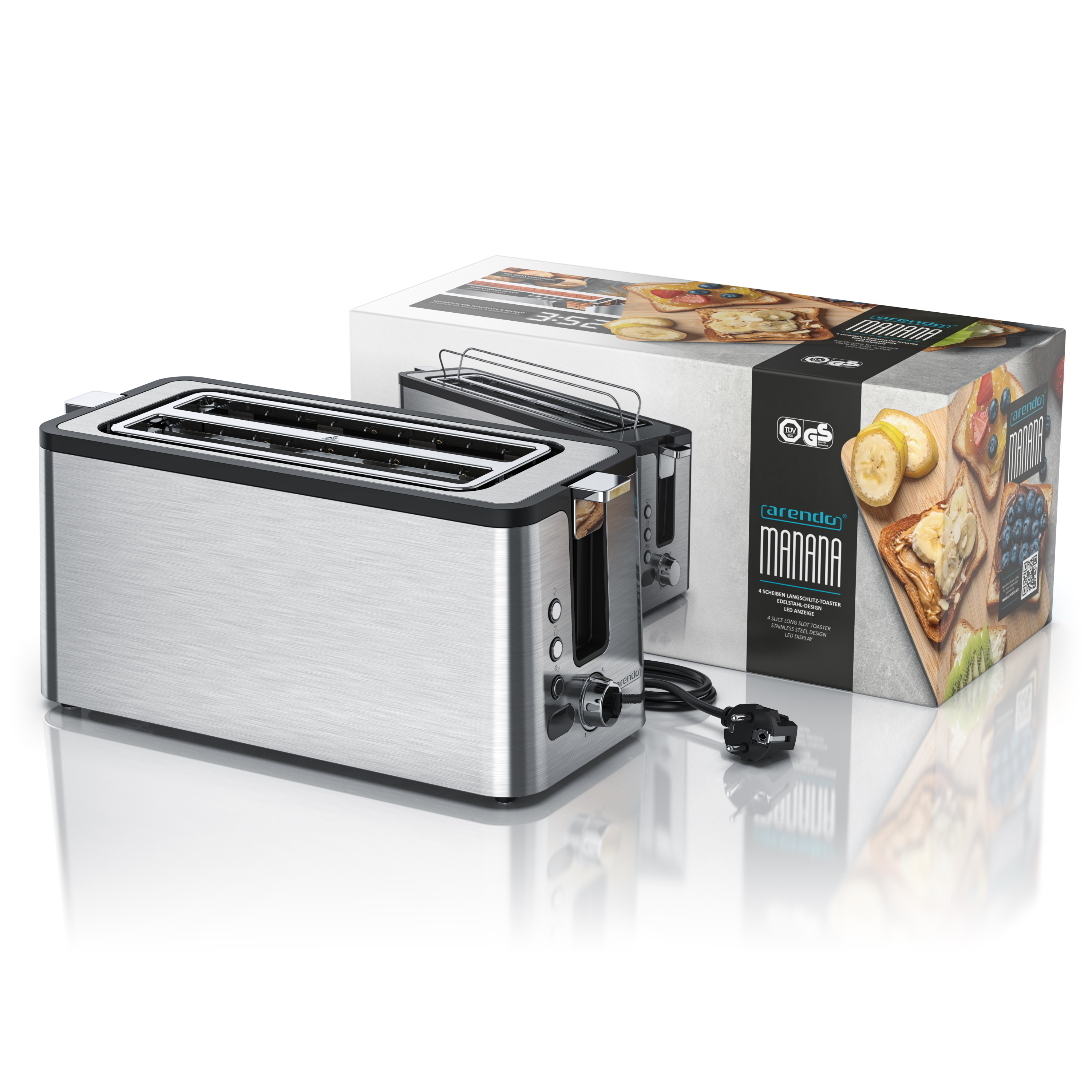 Ein Toaster aus Edelstahl mit seiner Box daneben. Die Box zeigt Toast mit Obst. Ein Netzkabel ist eingesteckt.