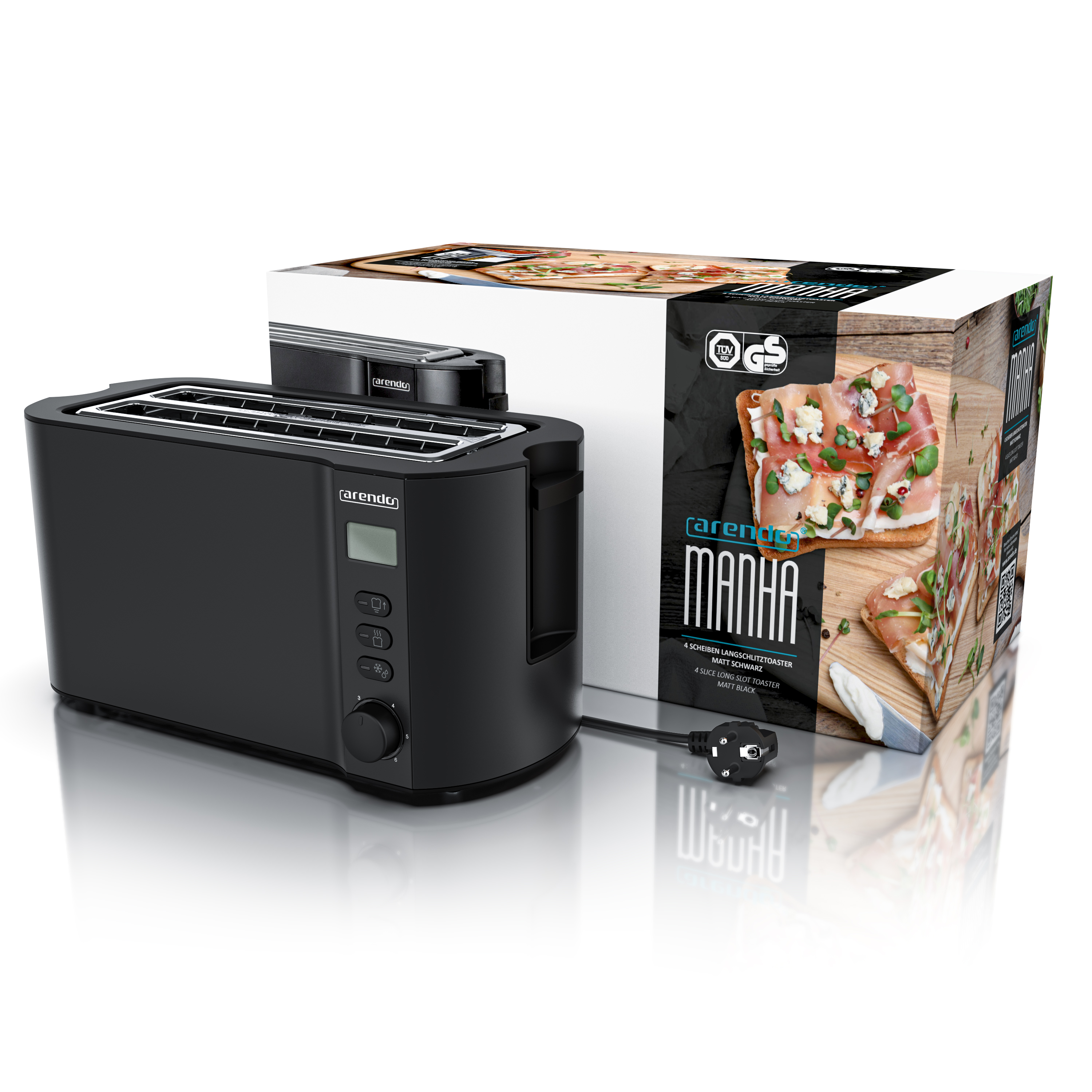 Ein schwarzer Toaster und eine Box mit Essensbildern, die sich auf einer weißen Oberfläche spiegeln.
