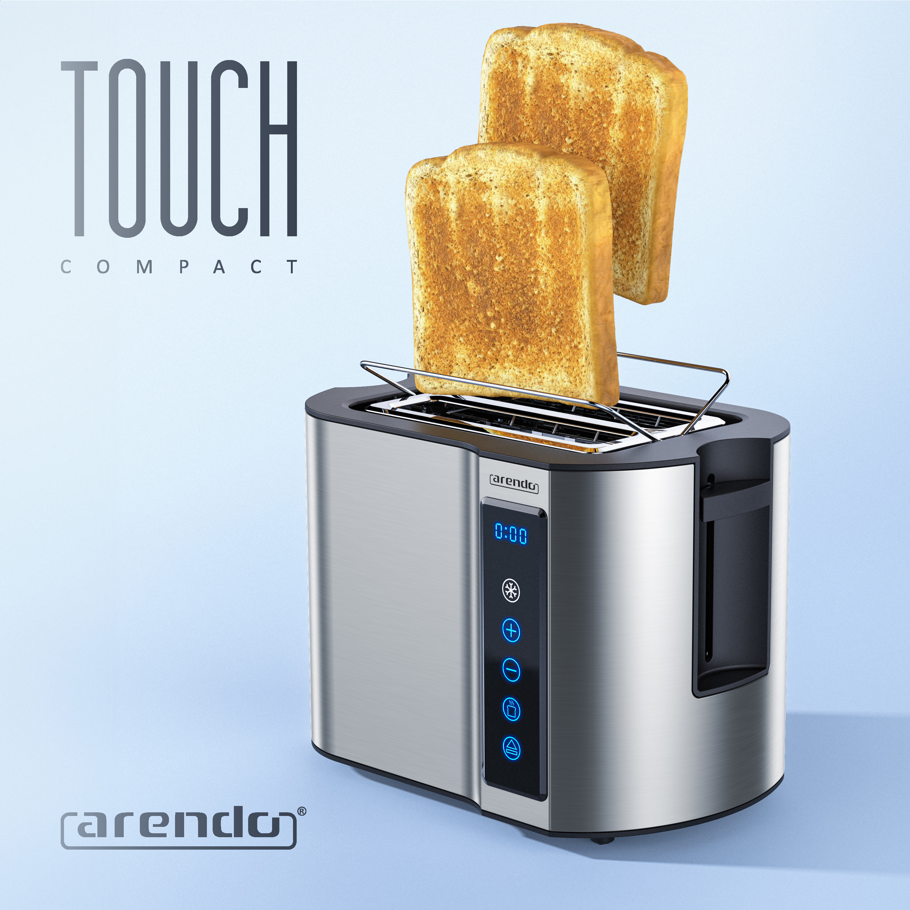 Ein Toaster mit zwei Toastscheiben. Der Toaster ist silberfarben mit Digitalanzeige. Der Toast ist goldbraun.