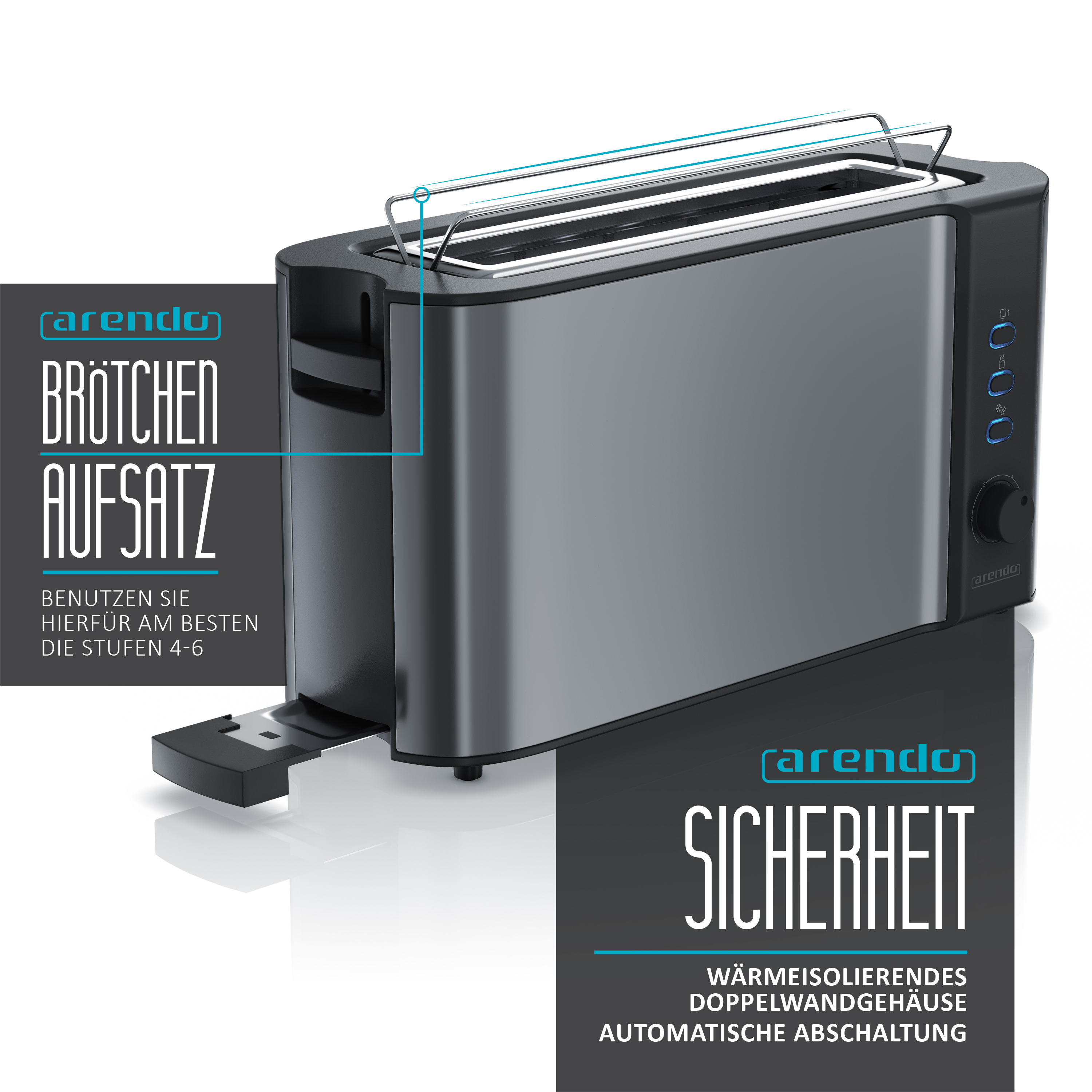Ein metallisch grauer Toaster mit blauen Akzenten. Er hat einen Hebel, Knöpfe und Textetiketten.