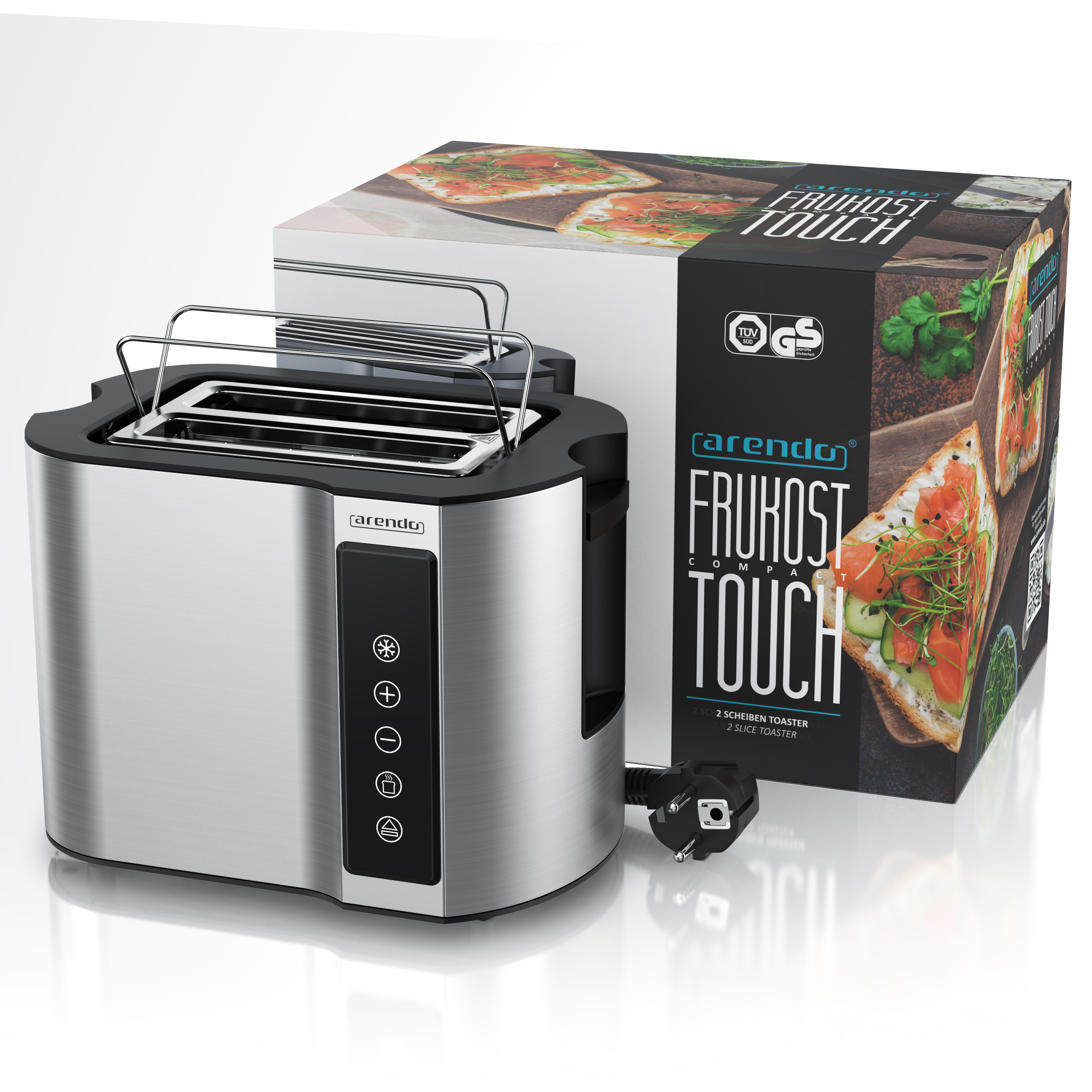 Ein Toaster aus Edelstahl mit Bedienfeld steht neben einer Schachtel mit der Aufschrift 'FRUKOST TOUCH'.