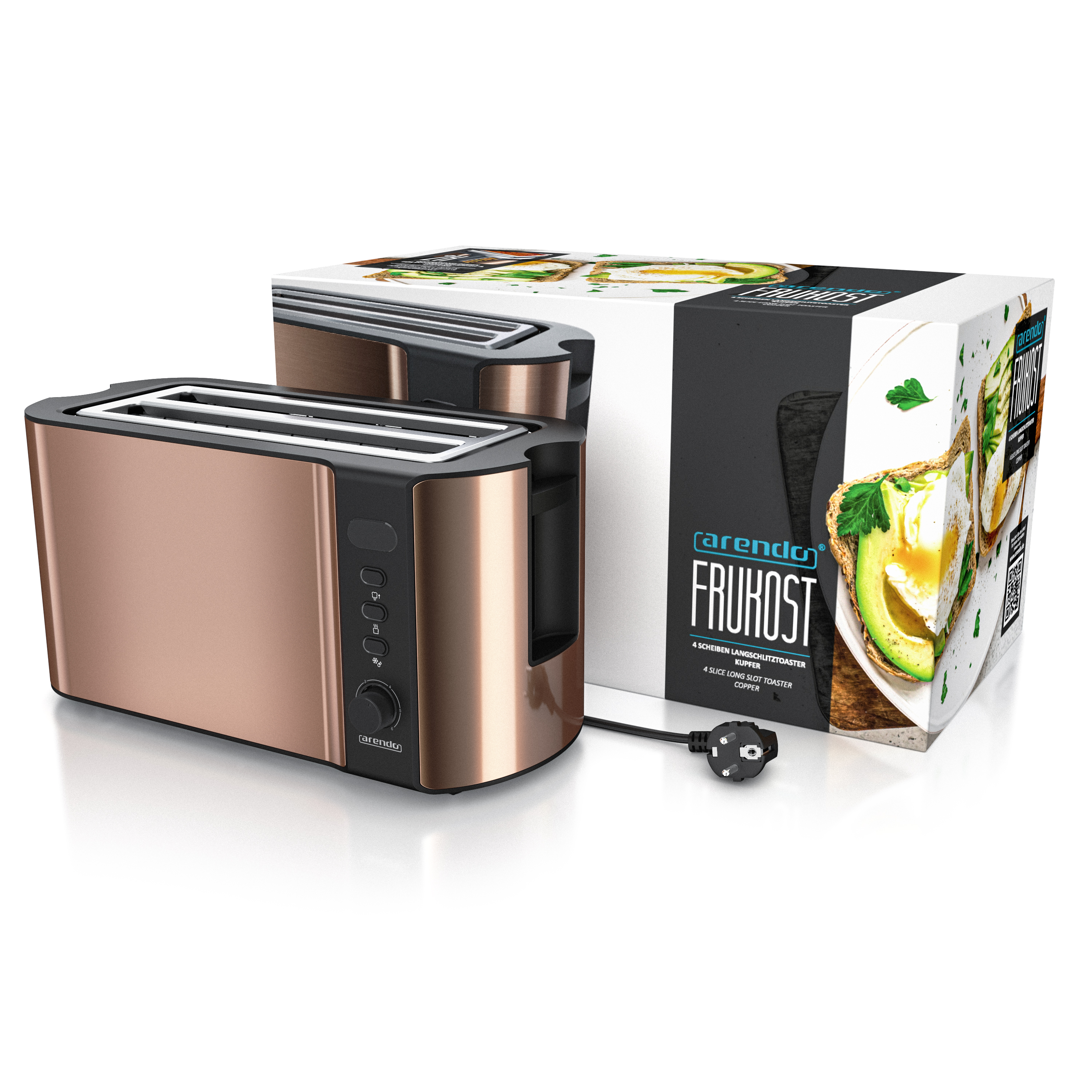 Ein kupferfarbener Toaster mit schwarzem Bedienfeld und einer Box mit Lebensmittelbild.