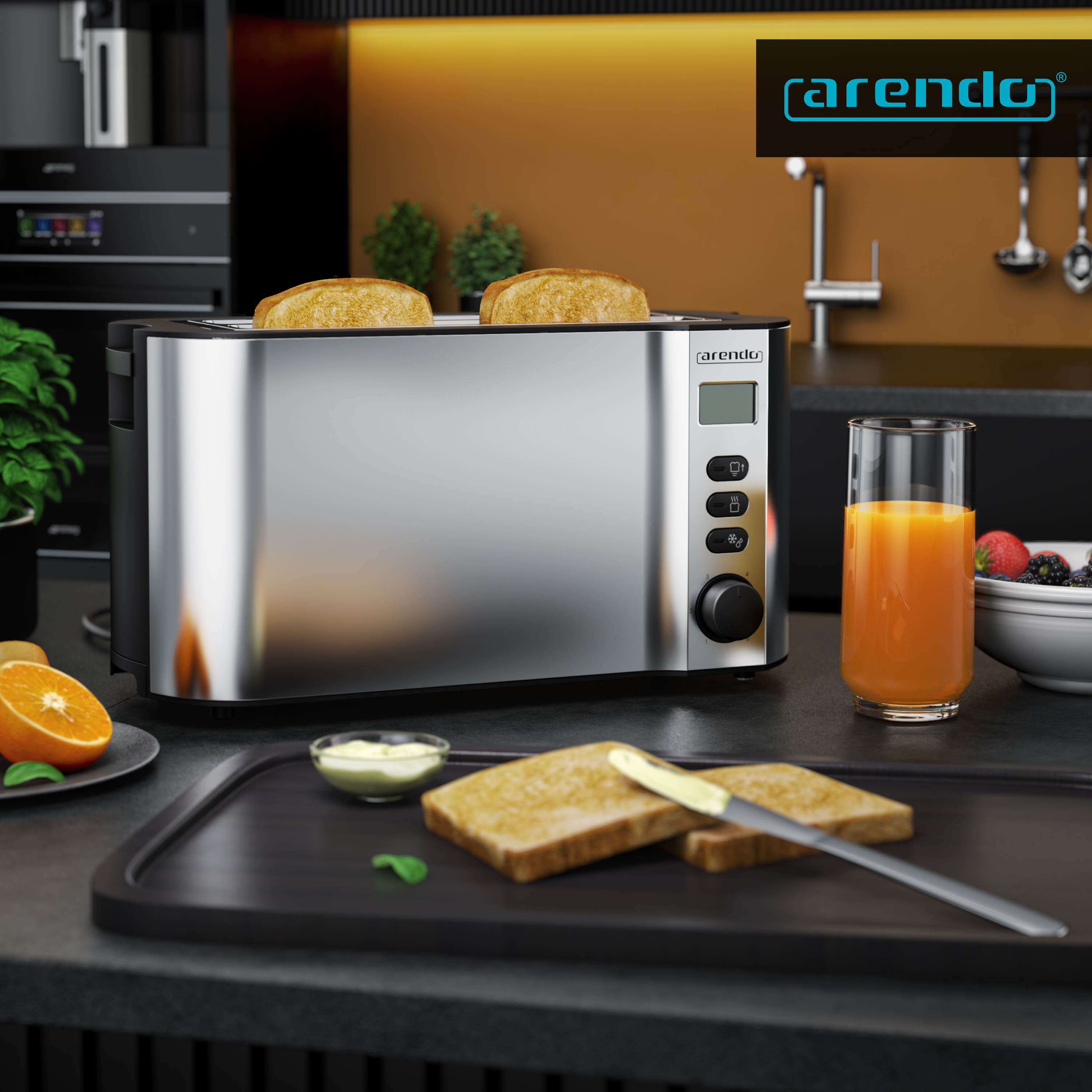 Eine Küchenszene mit Toaster, Toast, Saft und Obst. Ein Messer schmiert Butter auf Toast. Der Toaster ist silber.