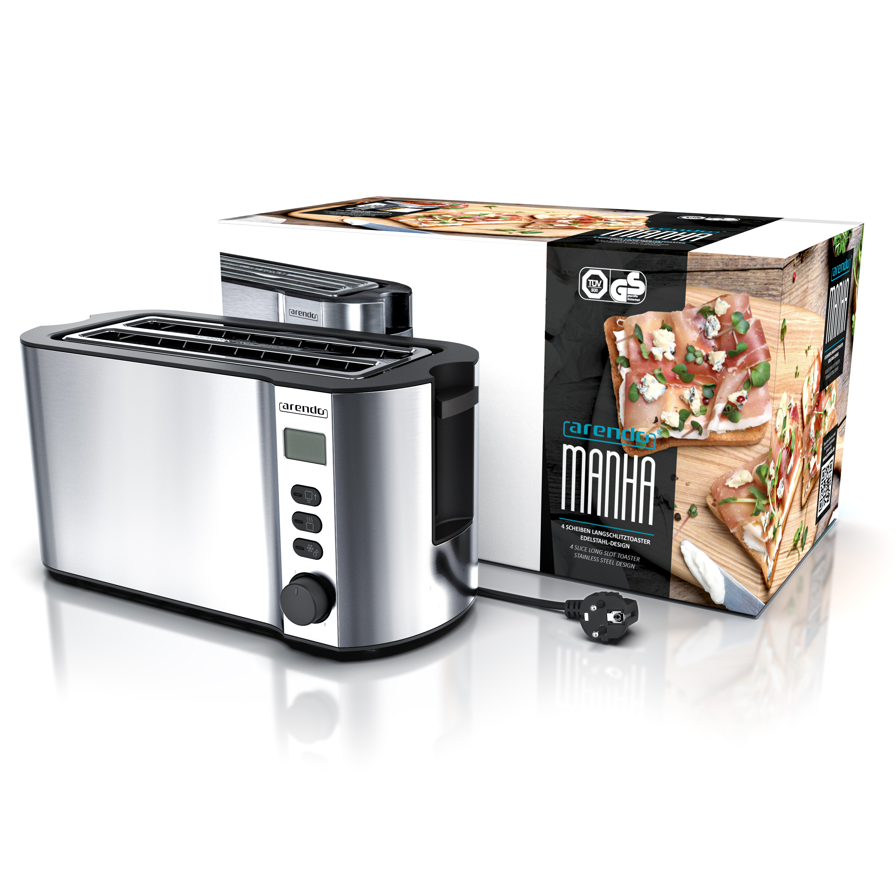 Ein Toaster aus Edelstahl mit einer Schachtel, die getoastetes Brot mit Belag zeigt. Ein Netzkabel ist angeschlossen.